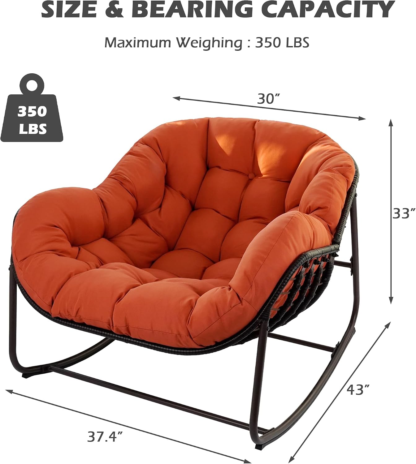 Papasan Rocking Chair, Oversized Papasan Chair with Cushion and Frame for Indoor& Outdoor, Deep Seat Egg-Shaped Rocker Chair for Garden, Deck, Living Room, Red