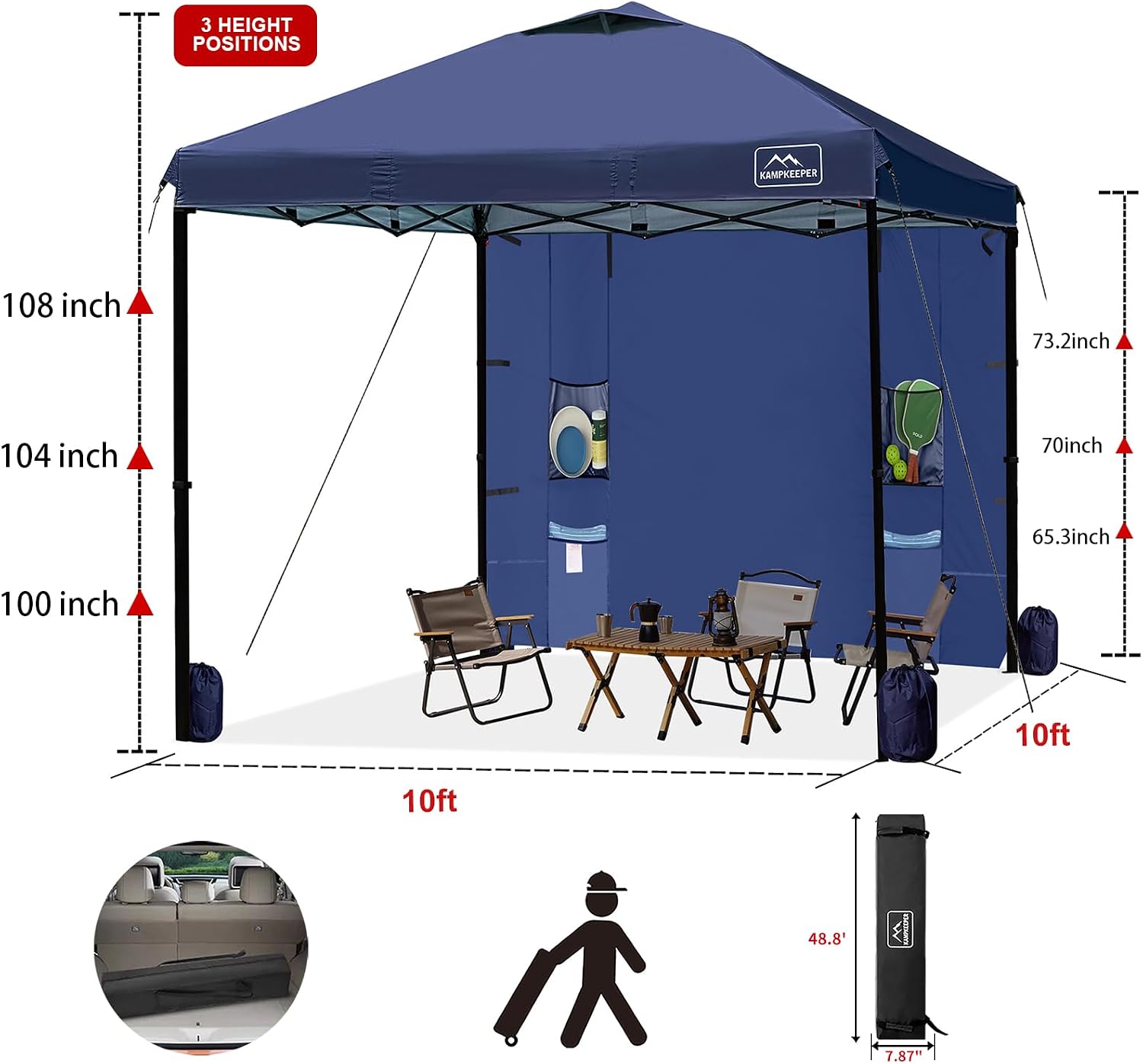 KAMPKEEPER 10x10 Easy Pop Up Canopy Tent with Sidewalls, Instant Outdoor Shade Shelter with Removable 10FT Sun Walls, Quick Setup Waterproof and UV-Resistant(Navy Blue, 10x10FT with 1 sidewall)