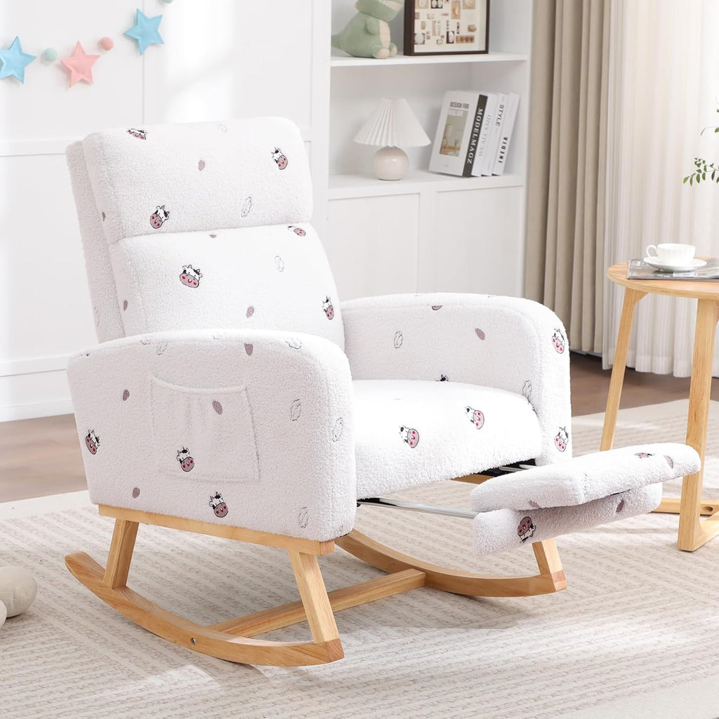 HCHAIRH Rocking Chair Nursery with Foot Rest, Nursing Rocking Chairs for Mom Breastfeeding, Teddy Rocker Glider Chair with High Backrest for Living Room, Bedroom, Cow Printed White