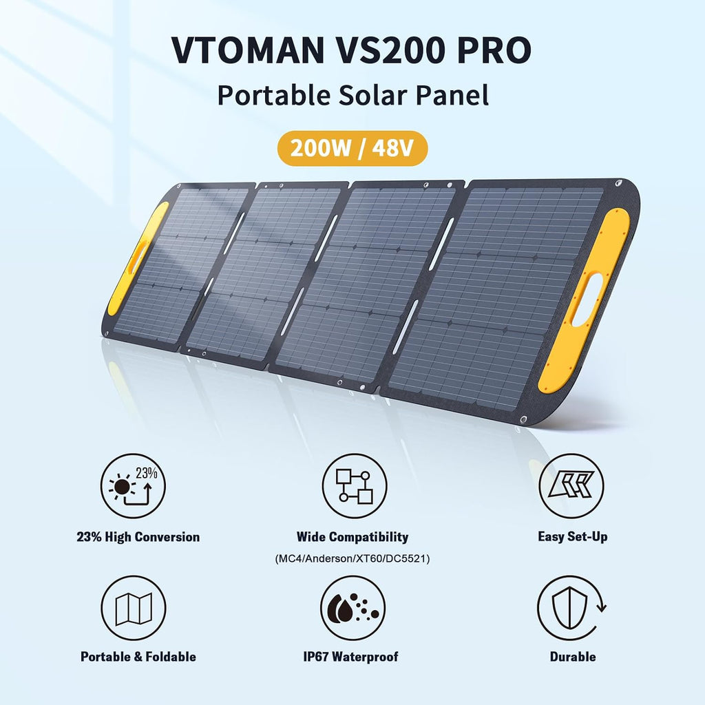 VTOMAN VS220 Pro Portable Solar Panel 220W 48V, 23% Efficiency Foldable Solar Panel w/ IP67 Waterproof & MC-4 Anderson XT60 DC5521 Adapters & Adjustable Kickstands, Off-Grid Power for Home & Camping