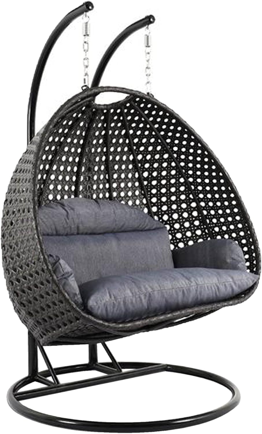 LeisureMod 2 Person Wicker Egg Chair Outdoor Indoor Bedroom Patio Hanging Lounge Swing Hammock Chairs with Black Stand and UV Resistant Cushions (Charcoal Blue)