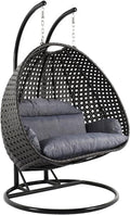 LeisureMod 2 Person Wicker Egg Chair Outdoor Indoor Bedroom Patio Hanging Lounge Swing Hammock Chairs with Black Stand and UV Resistant Cushions (Charcoal Blue)