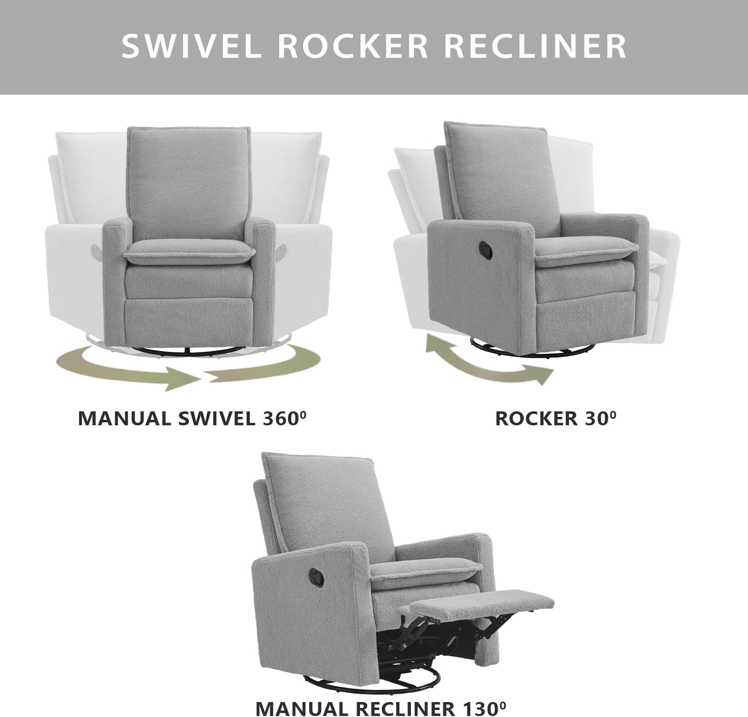 Oxford Baby Uptown Upholstered Glider Recliner Rocking Chair 360° Swivel for Nursery and Living Room - Boucle Koala Gray