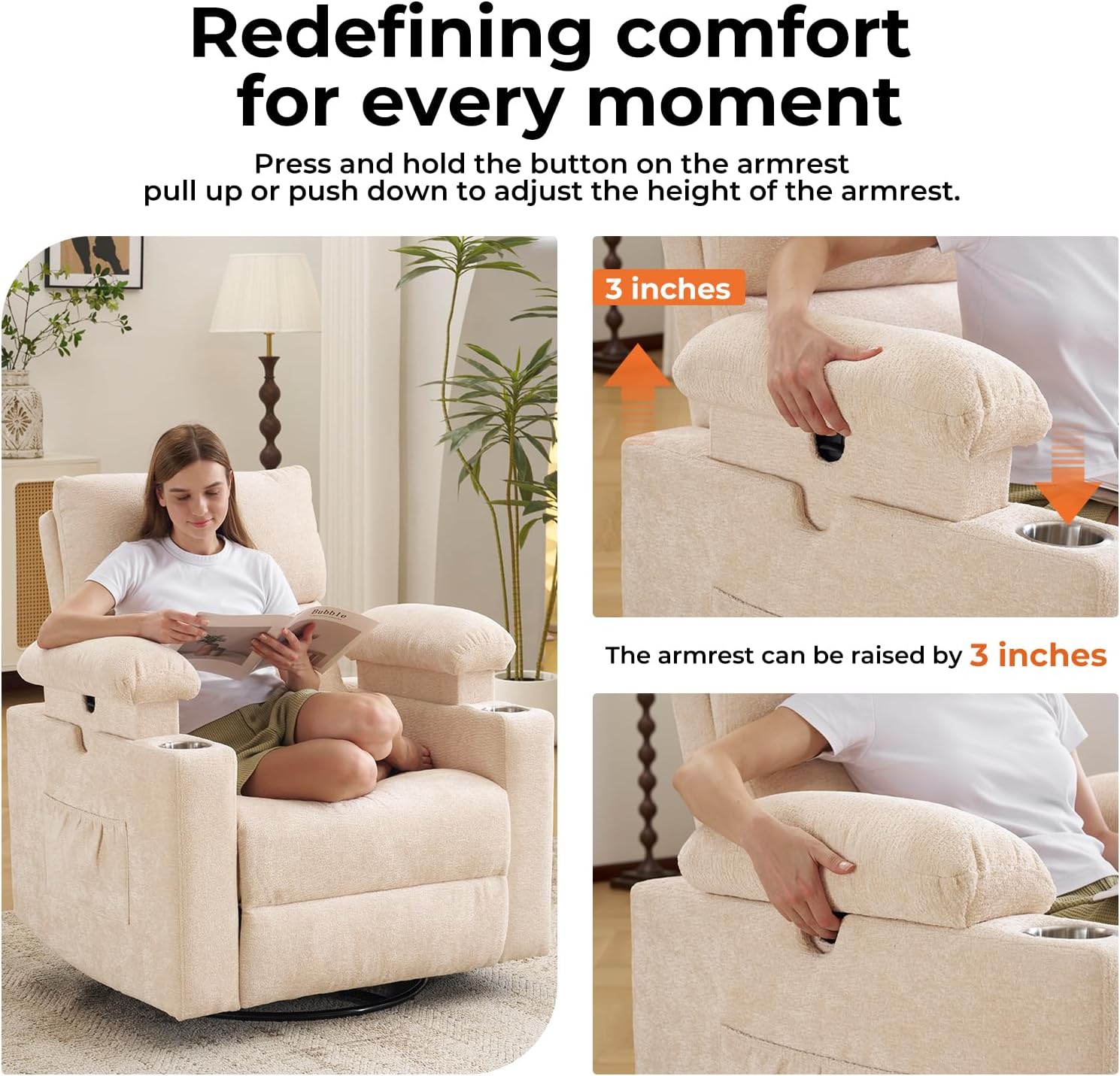 Rocking Chair Nursery with Adjustable Armrests, Electric Glider Recliner Nursing Chair for Breastfeeding, Power Swivel Recliner Chairs with Massage and Heat, Adjustable Headrest , FSC Certified, Beige