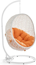 Modway Hide Wicker Rattan Outdoor Patio Porch Lounge Egg Swing Chair Set with Stand in White Orange