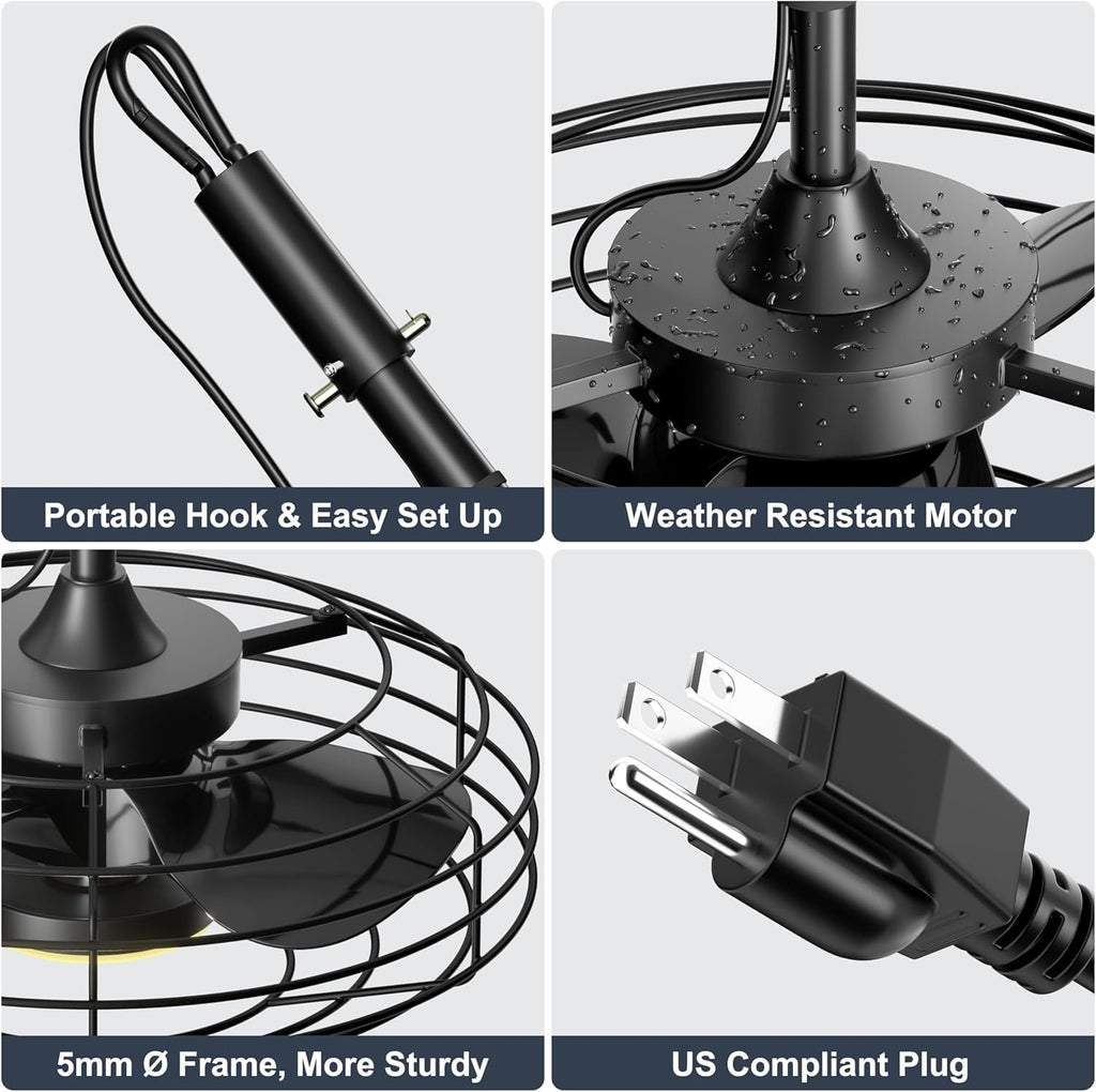 Coolbull 20 Inch Outdoor Ceiling Fans with Light, IP63 Waterproof Gazebo Fan with Hanging Hook, Plug in Caged Ceiling Fan, Remote&APP Control, 3 CCT, 6 Speeds for Patio, Pergola, Canopy, Black