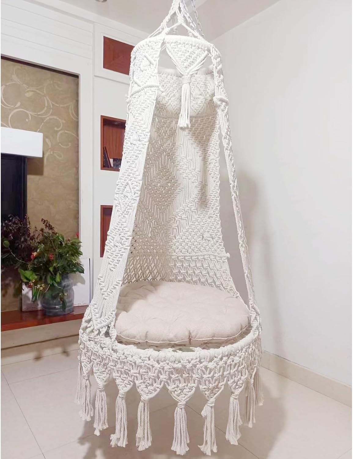 Hanging Swing Chair Indoor Adult Swing for Bedroom, White Cotton Bedroom Swing, Hanging Chair Rocking Swing Chair for Living Room, Garden, Balcony(100cm(39.37in))
