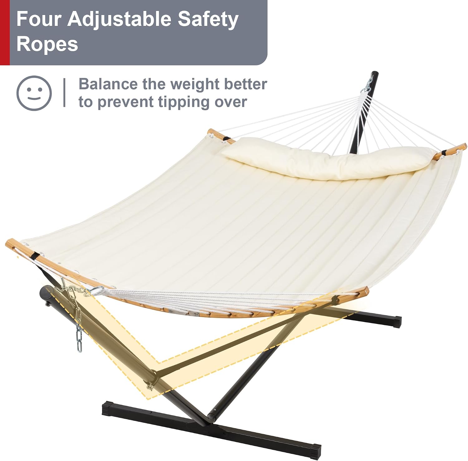 Outdoor Hammock with Stand Included, Two Person Hammock with Curved Spreader Bar, Pillow and Portable Bag, 450 Lbs Capacity, Beige