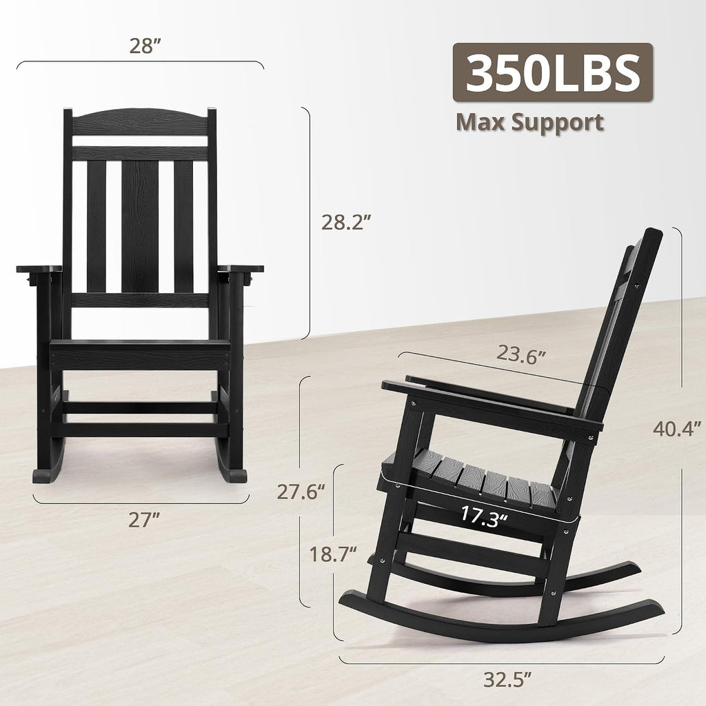 LUE BONA Outdoor Rocking Chairs Set, 3-Piece, HDPS Poly Porch Rockers with Table, Plastic Weather Resistant Rocking Chair Set for Outdoor Indoor, Garden, Backyard, 350lb, Black Chairs+Table