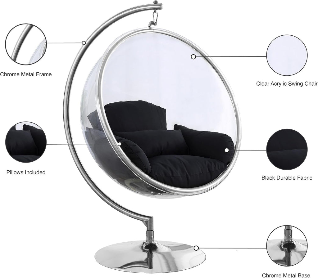 Meridian Furniture 507Black Luna Collection Modern | Contemporary Clear Acrylic Accent Swing Chair with Durable Metal Base and Fabric Seat, Black, Chrome Finish, 41.5' W x 29.5' D x 64' H