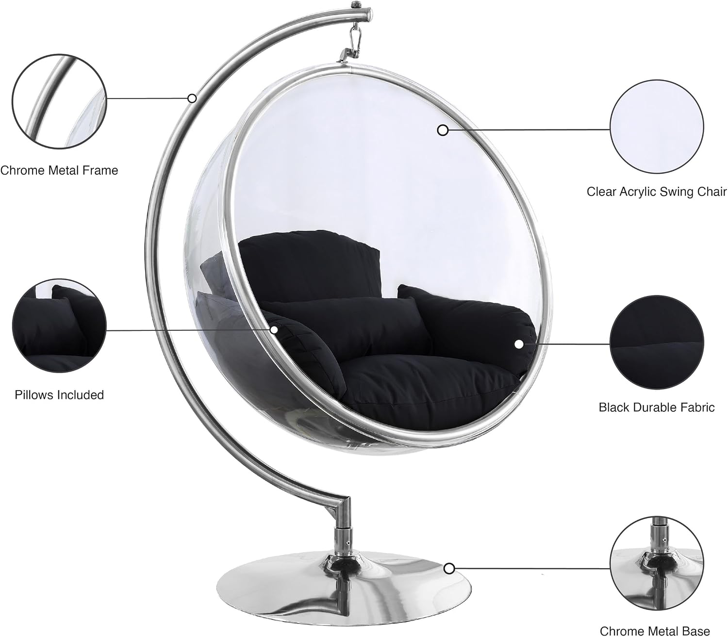 Meridian Furniture 507Black Luna Collection Modern | Contemporary Clear Acrylic Accent Swing Chair with Durable Metal Base and Fabric Seat, Black, Chrome Finish, 41.5' W x 29.5' D x 64' H