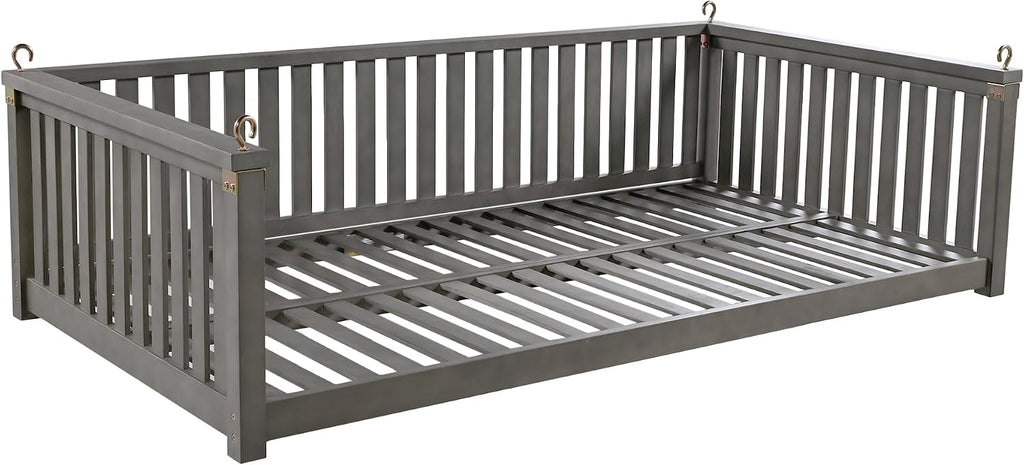 Minimalist 2-Person Acacia Wood Swing Bed, Patio Porch Swing with Ropes for Backyard Garden, Safe Sloped Design,Mattress, Cushions and Pillows not Included(Gray/Acacia)