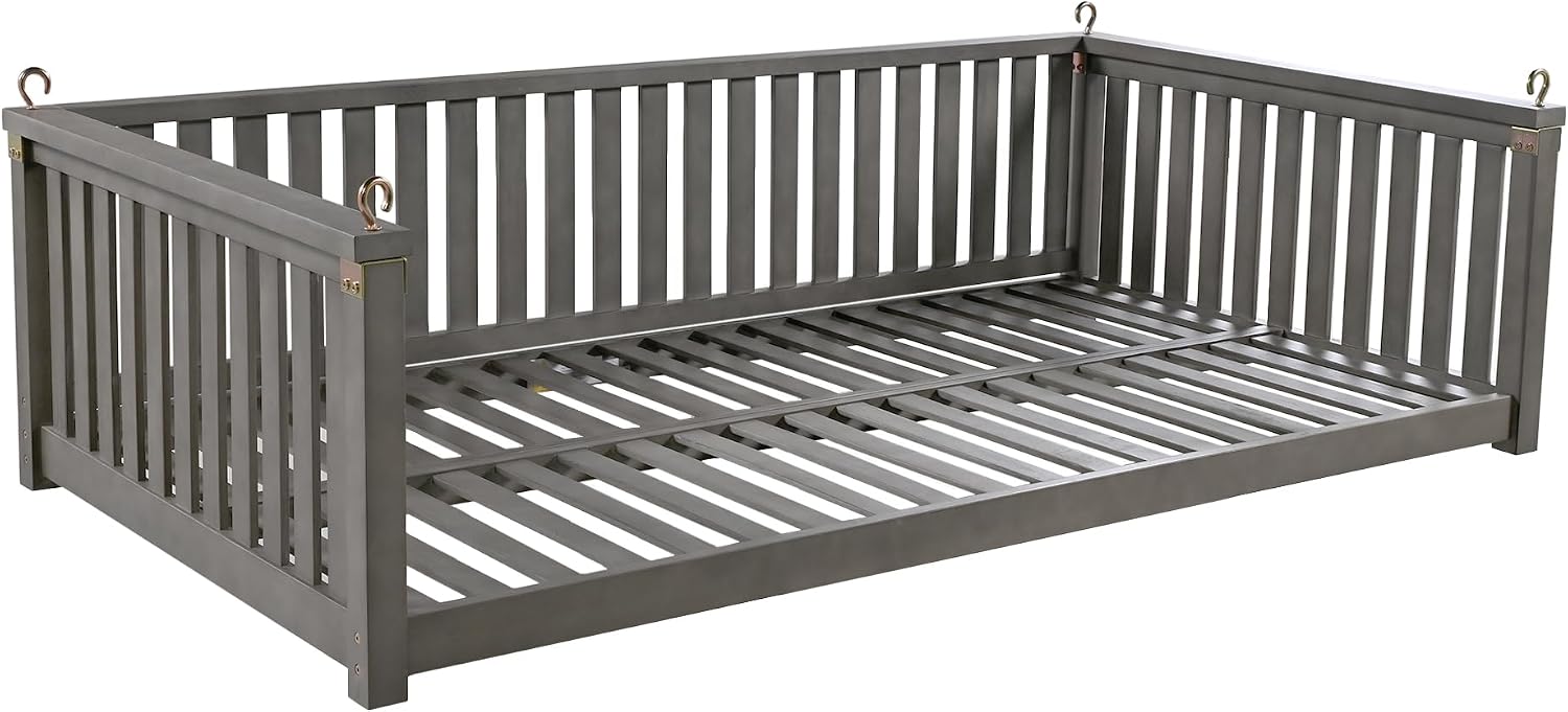 Minimalist 2-Person Acacia Wood Swing Bed, Patio Porch Swing with Ropes for Backyard Garden, Safe Sloped Design,Mattress, Cushions and Pillows not Included(Gray/Acacia)