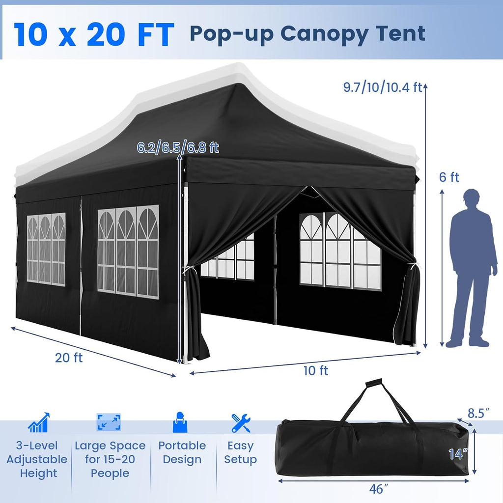 HAPPYGRILL 10x20FT Pop-up Canopy with Detachable Sidewalls, Instant Canopy Tent with Carrying Bag, UPF50+ Sun Protection, Easy Setup Gazebo for Outdoor Party Wedding, Black