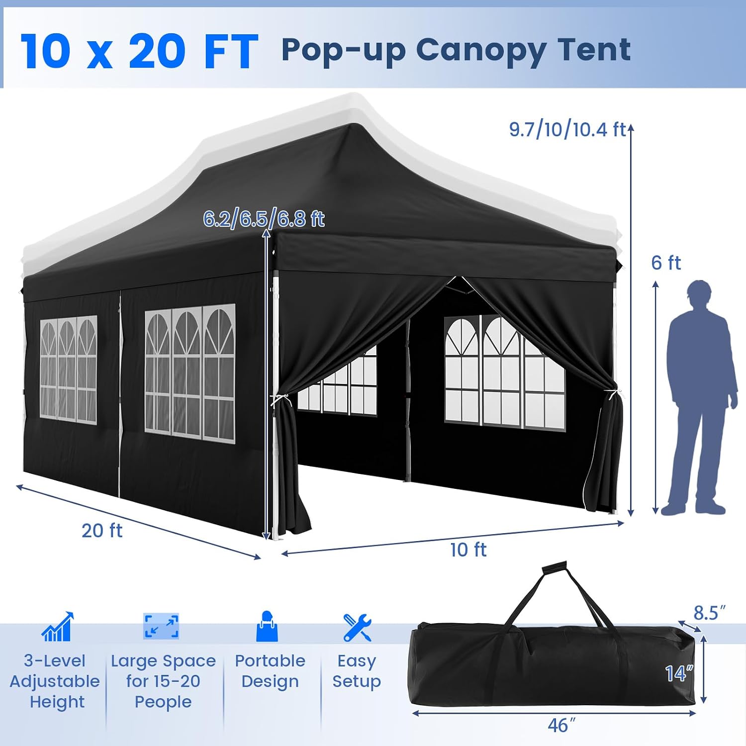 HAPPYGRILL 10x20FT Pop-up Canopy with Detachable Sidewalls, Instant Canopy Tent with Carrying Bag, UPF50+ Sun Protection, Easy Setup Gazebo for Outdoor Party Wedding, Black