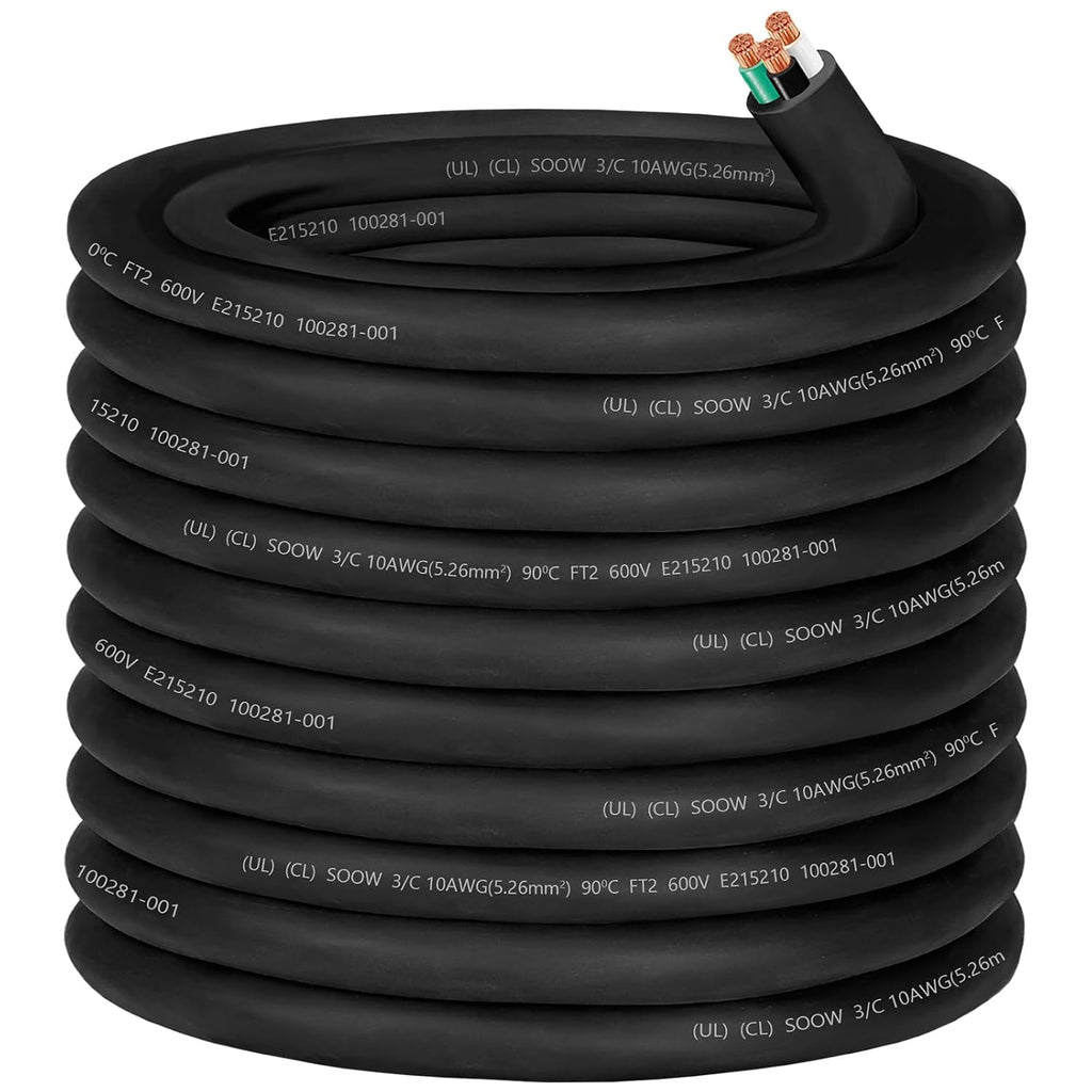 100ft 10/3 10 AWG SOOW Wire,10 Gauge Portable Power Cable 600V 3 Conductor 10/3 10 Gauge SOOW Extension Cord Electric Wire for Motor Lead,Generator,Welder,NEMA 14-30 RV Outlet Box,Car Battery Charger