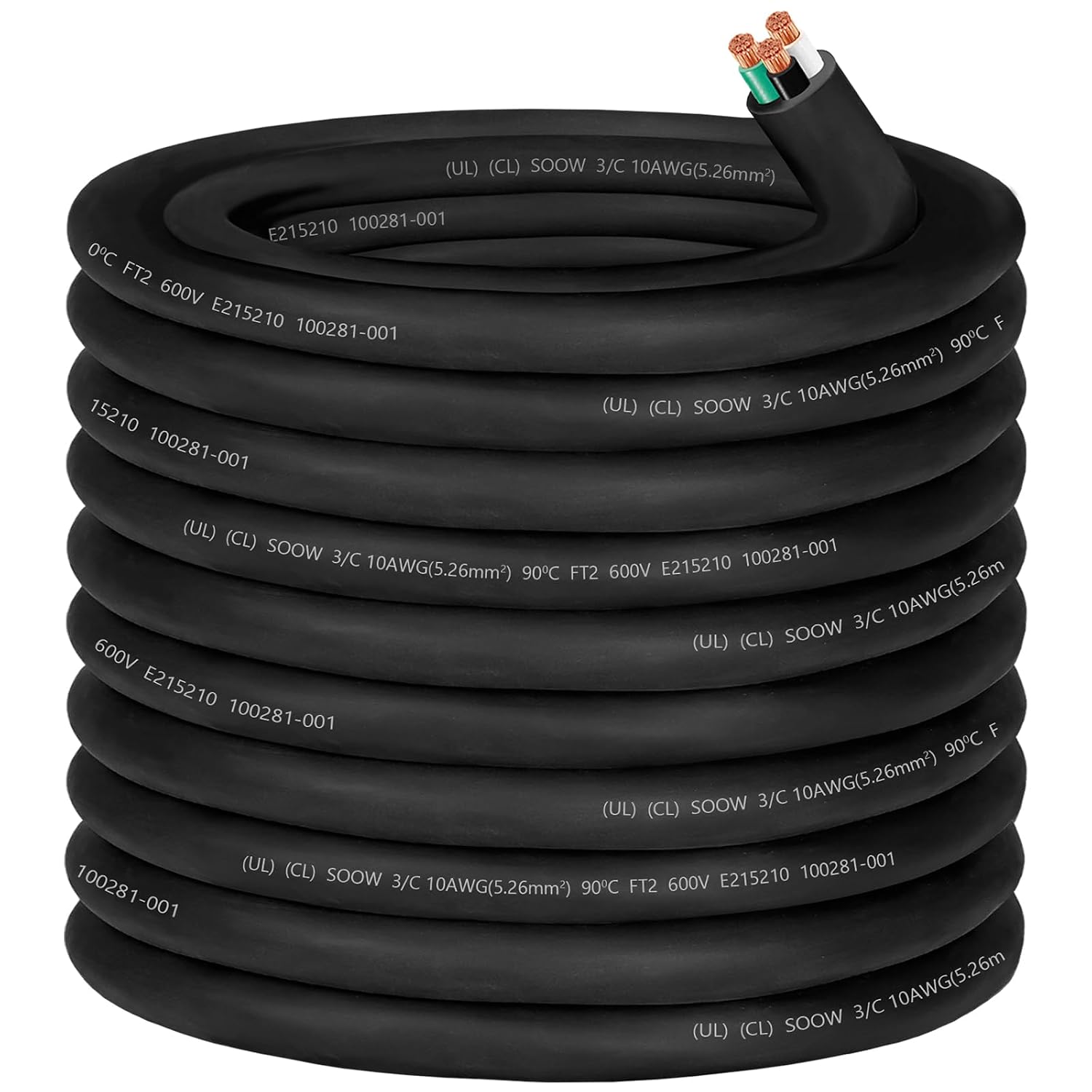 100ft 10/3 10 AWG SOOW Wire,10 Gauge Portable Power Cable 600V 3 Conductor 10/3 10 Gauge SOOW Extension Cord Electric Wire for Motor Lead,Generator,Welder,NEMA 14-30 RV Outlet Box,Car Battery Charger