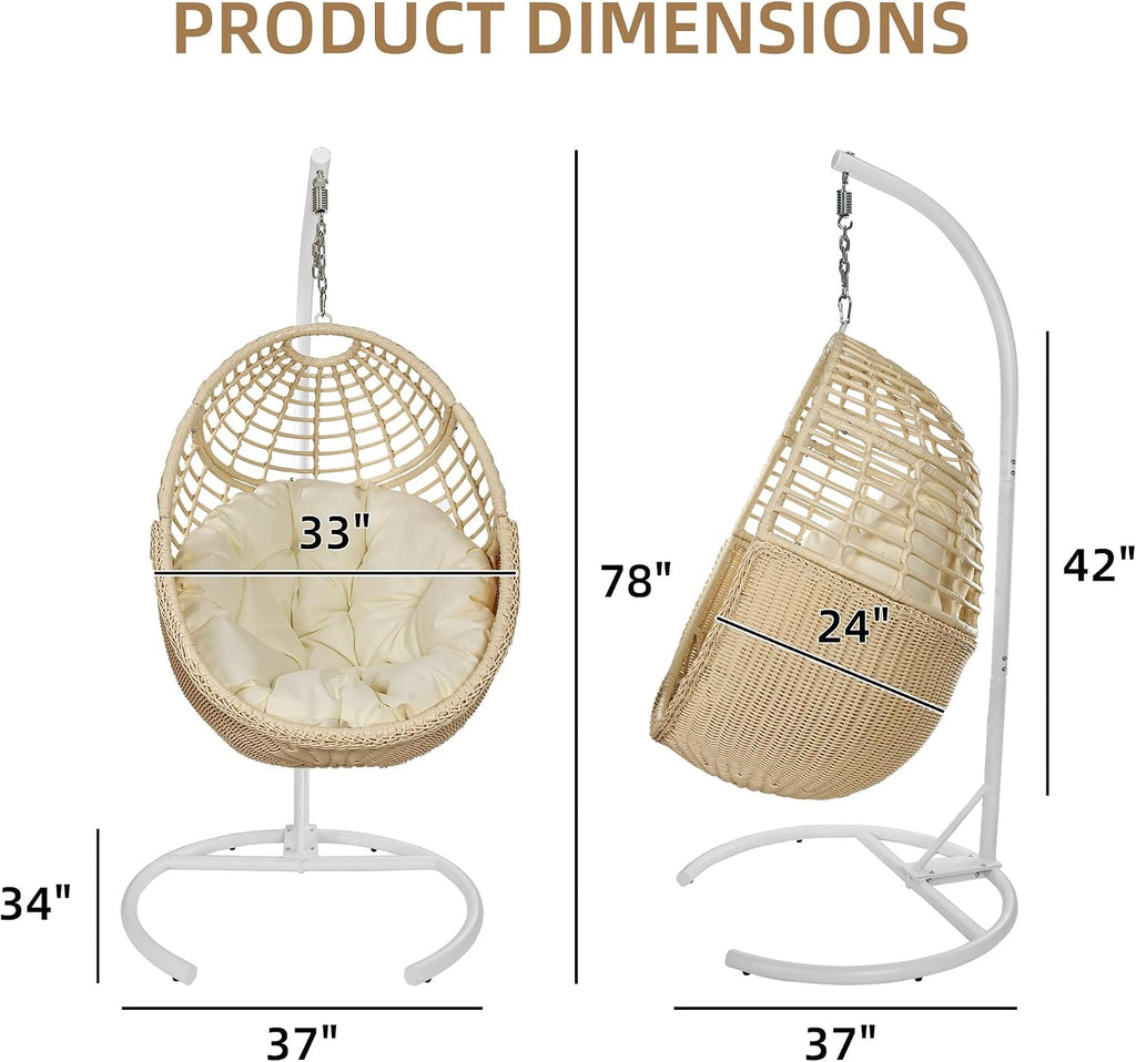 TWT Egg Swing Chair with Stand Hanging Egg Chair Outdoor - Rattan Wicker Patio Hanging Basket Chair Hammock Chair with Metal Frame and UV Resistant Cushion for Indoor Bedroom Balcony (Beige)