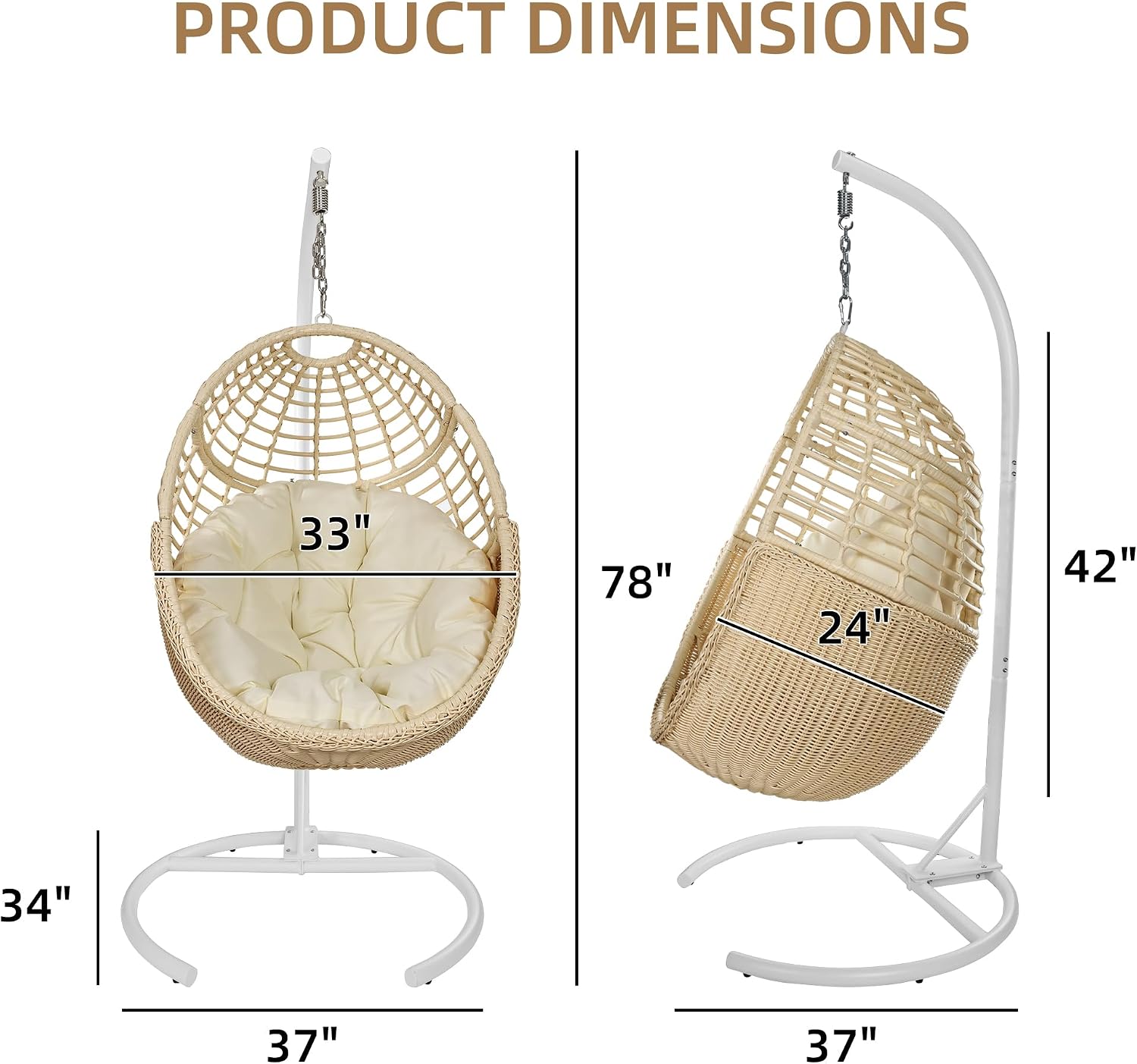 TWT Egg Swing Chair with Stand Hanging Egg Chair Outdoor - Rattan Wicker Patio Hanging Basket Chair Hammock Chair with Metal Frame and UV Resistant Cushion for Indoor Bedroom Balcony (Beige)