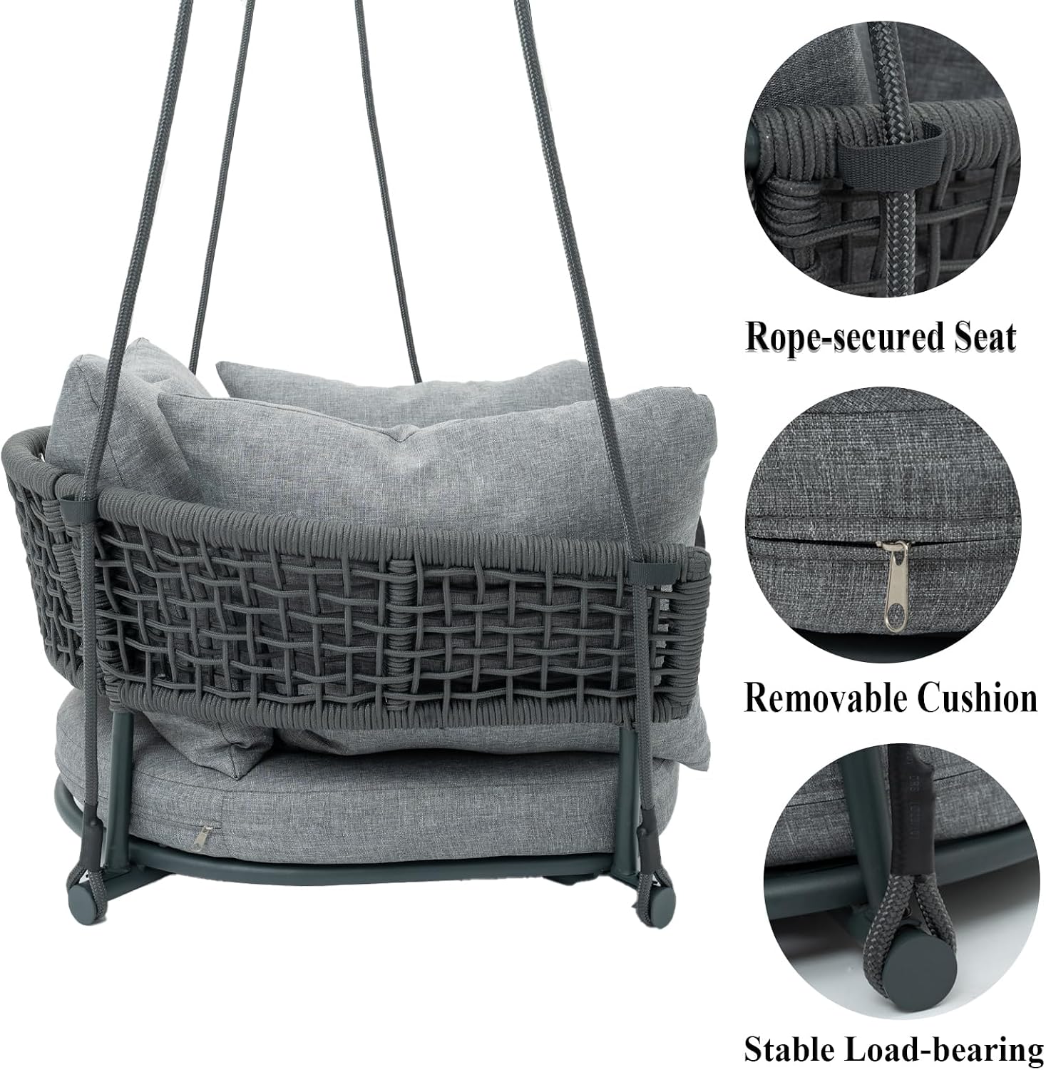 Single Porch Swings Chair with Cushions, Hanging Rope Swing, Hanging Chair for Bedroom, Hammock Chairs Swing Indoor & Outdoor, Macrame Hanging Swinging, Patio, Balcony, Light Grey