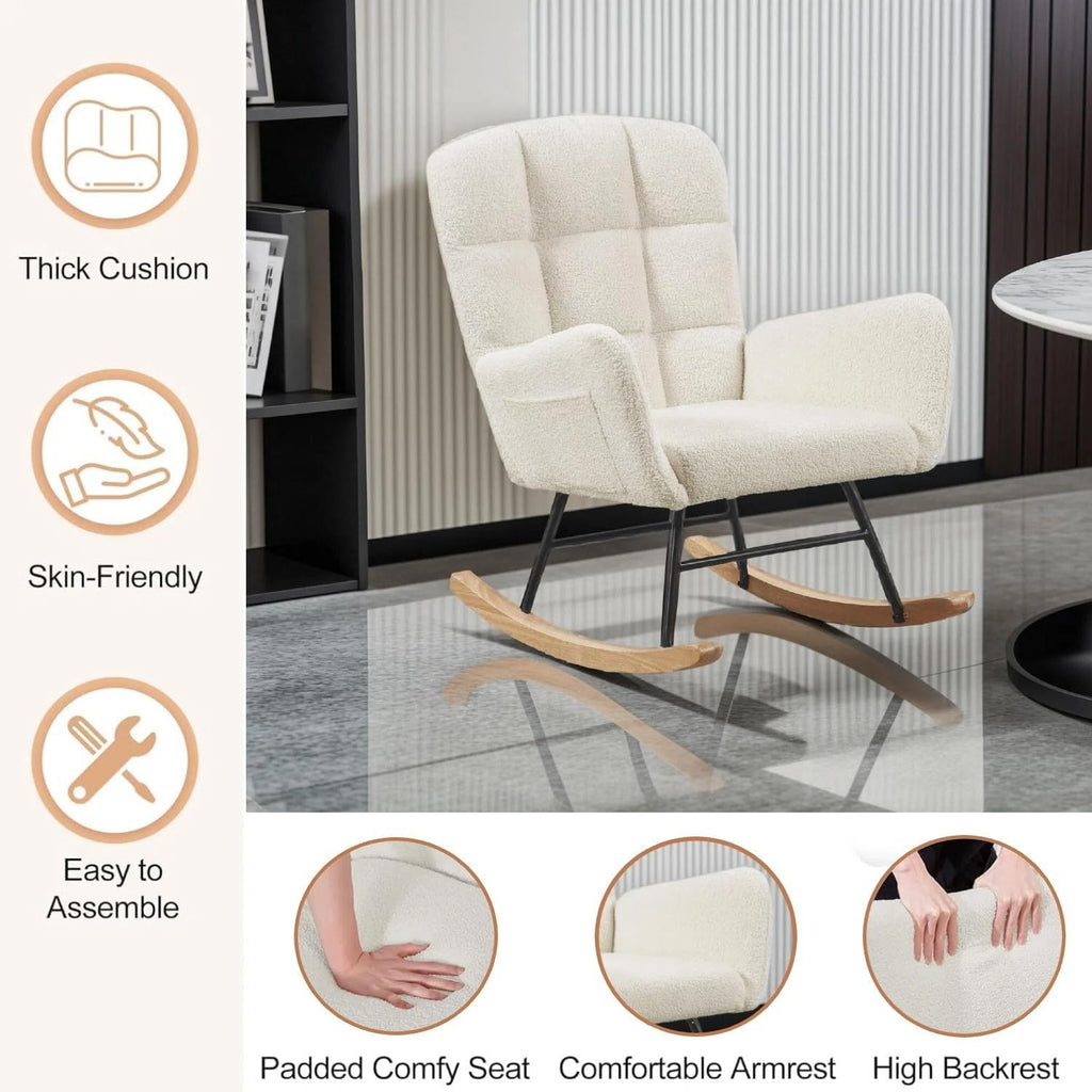 oaaktu Rocking Chair for Nursery, Upholstered Glider with High Backrest, Nursery Rocker Comfortable Stylish Accent Armchair for Living Rooms Bedrooms Offices (Beige Teddy)