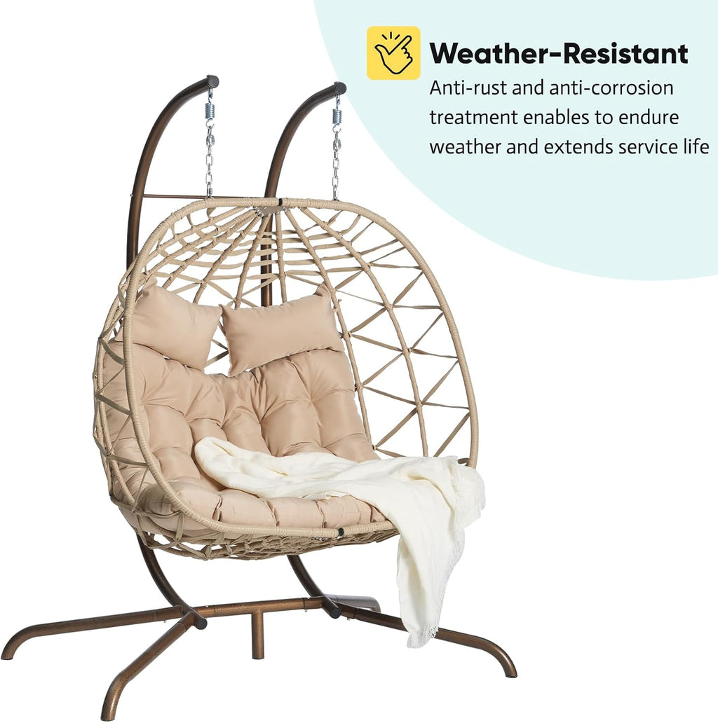 JOYBASE Double Swing Egg Chair with Stand, 2-Person Hanging Egg Chair Wicker Rattan Oversized Swinging Chair for Outdoor Indoor Garden Patio (Khaki Cushion and Beige Rattan)