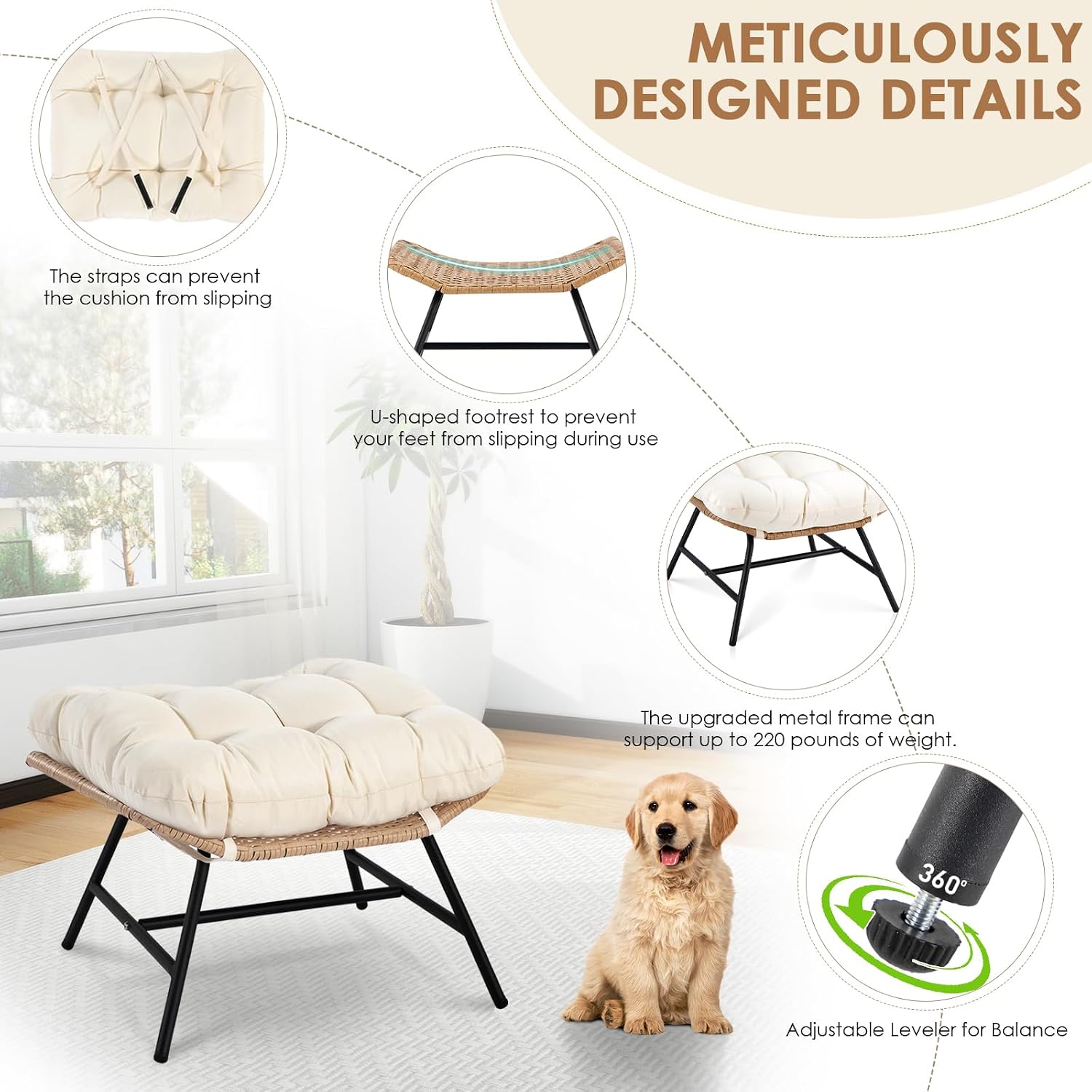 RADIATA Double Egg Rocking Chair with Ottomans, Heavy Duty Papasan Lounger Chairs with Comfy Cushion and Footrest, 2 Person Indoor Outdoor Rocker Loveseat for Patio Balcony Backyard, Beige