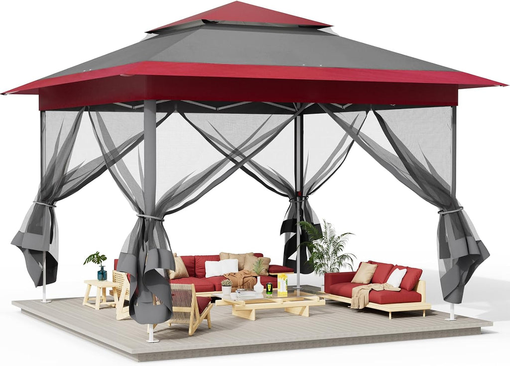 Arlopu Pop Up Gazebo Tent, Outdoor Instant Canopy, Easy Set-up Folding Shelter with Netting, Metal Frame, Screened House Shade Vented for Patio, Lawn, Party, Backyard, Garden (Burgundy, 13FT×13FT)