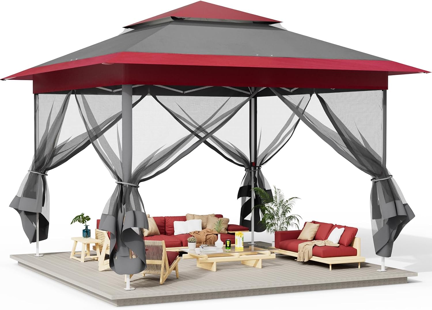 Arlopu Pop Up Gazebo Tent, Outdoor Instant Canopy, Easy Set-up Folding Shelter with Netting, Metal Frame, Screened House Shade Vented for Patio, Lawn, Party, Backyard, Garden (Burgundy, 13FT×13FT)