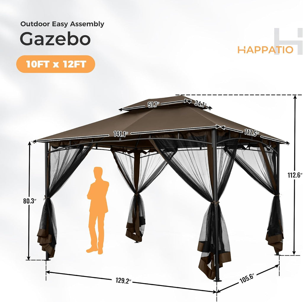 HAPPATIO Patio Gazebo 10' X 12', Ventilated Double Roof & Mosquito Netting, Outdoor Gazebo with Metal Frame, Soft Top Canopy for Backyard, Deck, Poolside, Brown