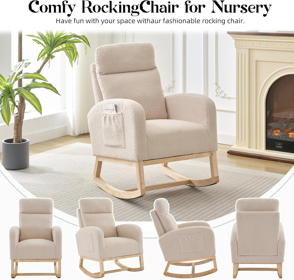 Rocking Chair Nursery,Glider Chair Nursery Chair with High Back and Side Pocket, Rocking Accent Armchair with Rubber Wood Legs for Living Room/Bedroom/Nursery