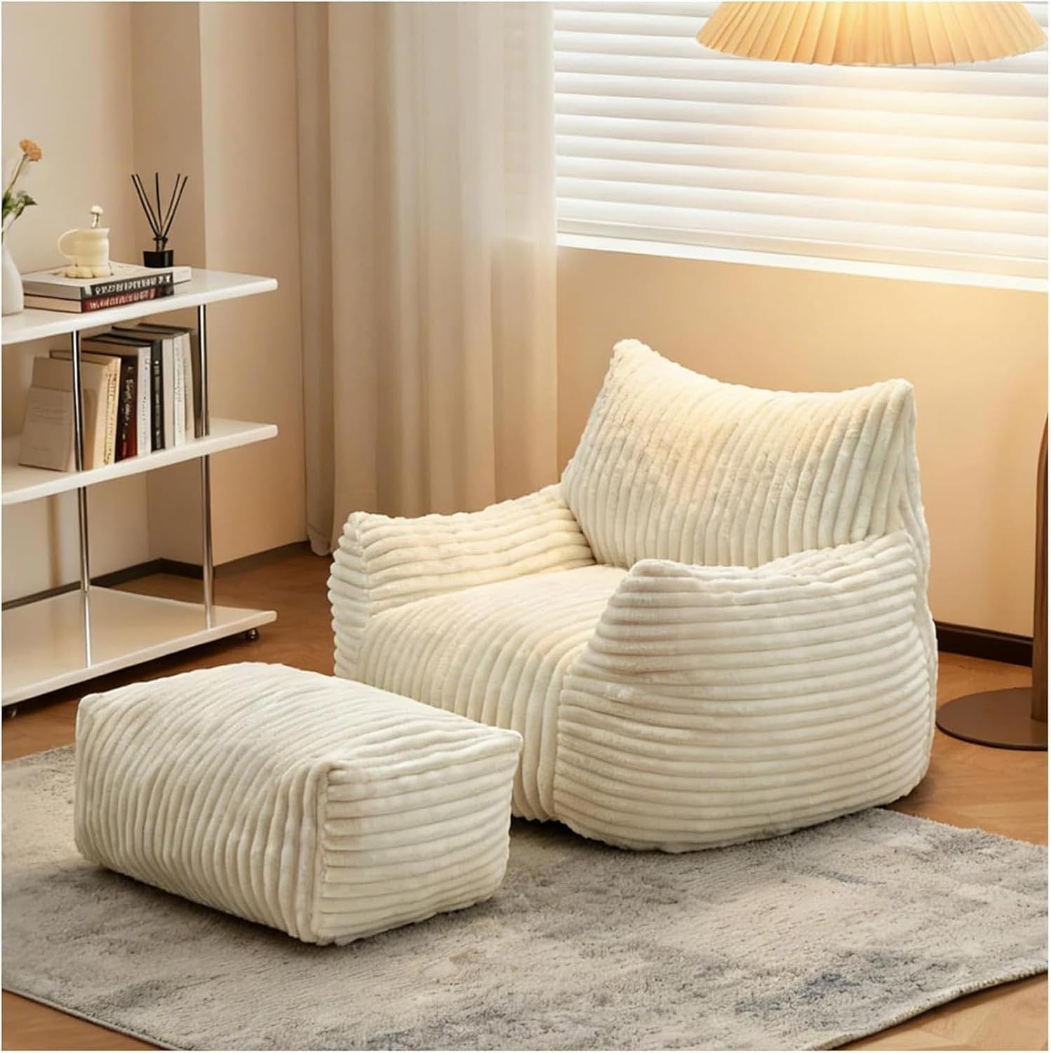 LKD Oversized Bean Bag Chairs for Adults,Bean Bag Chair with arms,Plush Bean Bag,Modern Living Room Decorative Chair,Corner Chair Bedroom,Reading Sofa, Dormitory Lounge Chairs (White, with Ottoman)