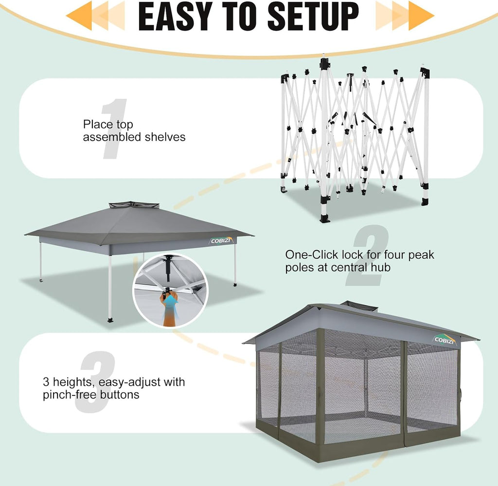 COBIZI 13x13 Pop Up Canopy Tent-Gazebos On Clearance Upgrade Metal Outdoor Canopy Waterproof - Portable Gazebo with Mosquito Nettings, 4 Ropes 8 Stakes and Carry Bag for Patio Garden(Gray)