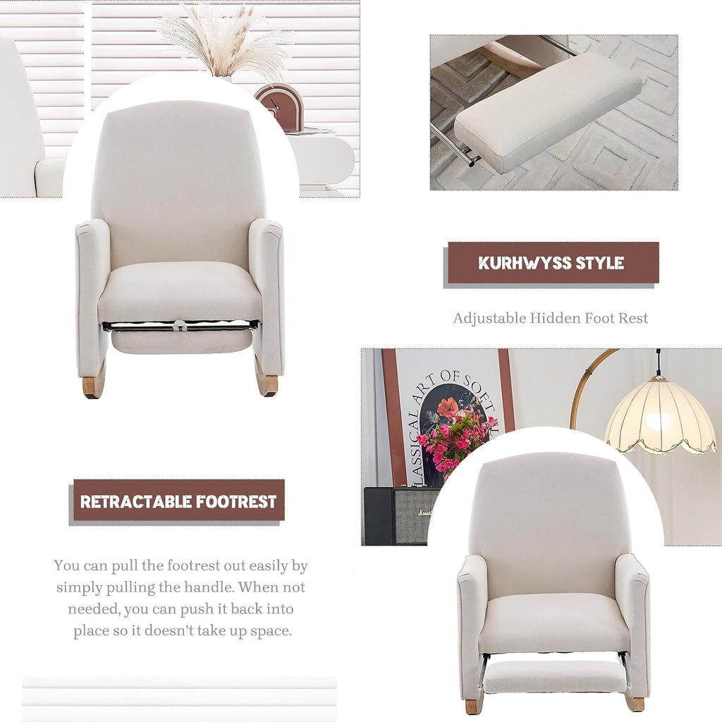 Modern Rocking Chair Nursery, Comfy Glider Nursery Chair with Foot Rest, Upholstered Rocker with Pocket, Accent Reading Armchair with Solid Wood Base for Living Room, Bedroom, Lounge Room (Beige)