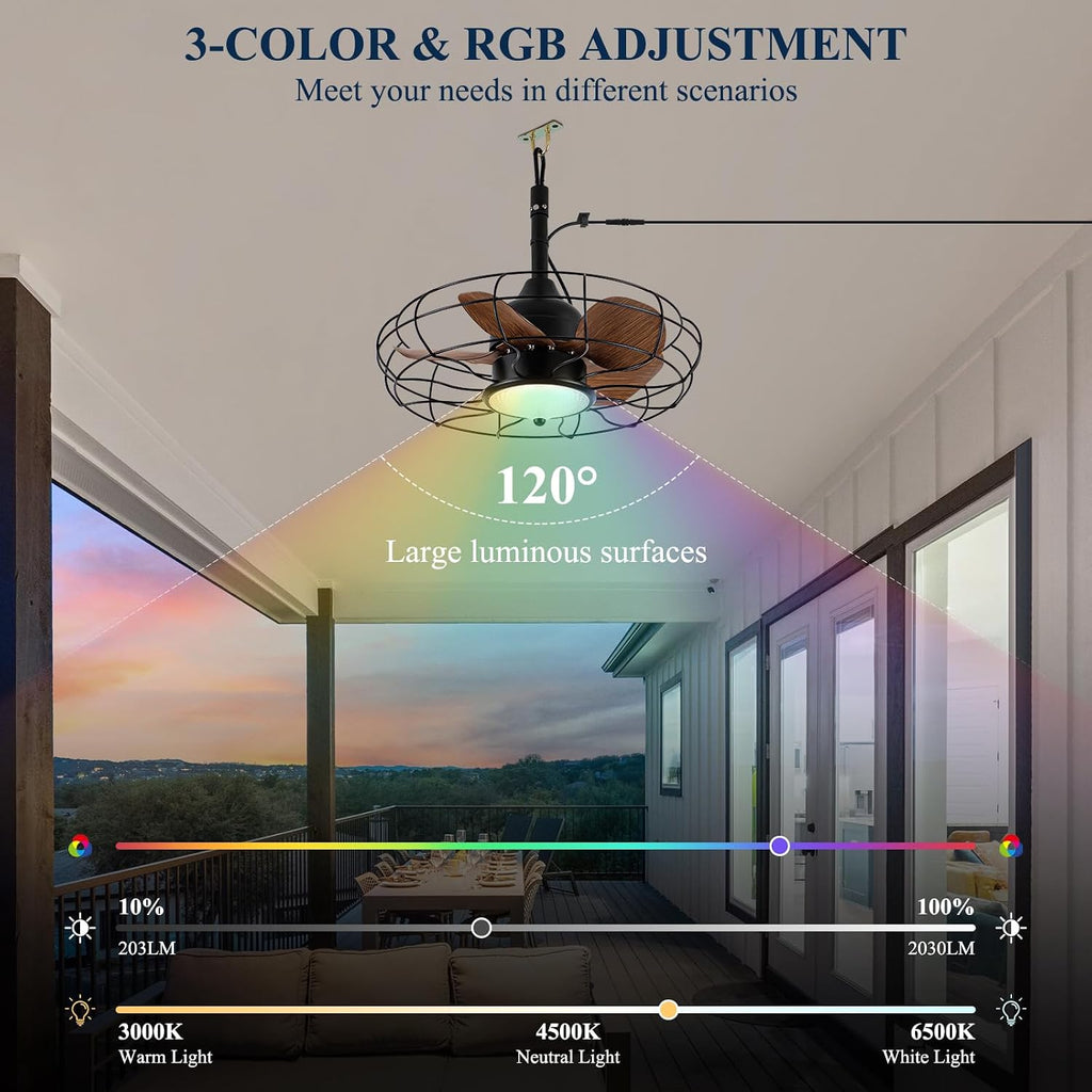Gazebo Ceiling Fan with Lights, 20'' RGB Outdoor Waterproof Plug In IP65 Fan, Wet Rated with Dual Lighting System with Remote, 7-Color RGB & 3-Color Dimmable LED, Easy Hanging with Hook for Patio