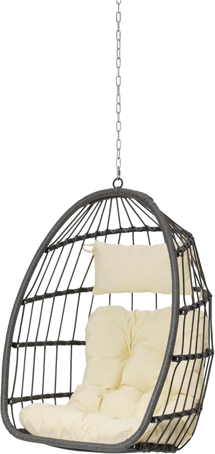 55.6' Outdoor Garden Rattan Egg Swing Chair,Patio UV Resistent PE Hanging Chairs with Cushion,Galvanized Steel Frame,Load: 360lbs,All Weather Foldable Hammock for Bedroom,Porch,Khaki+Yellow
