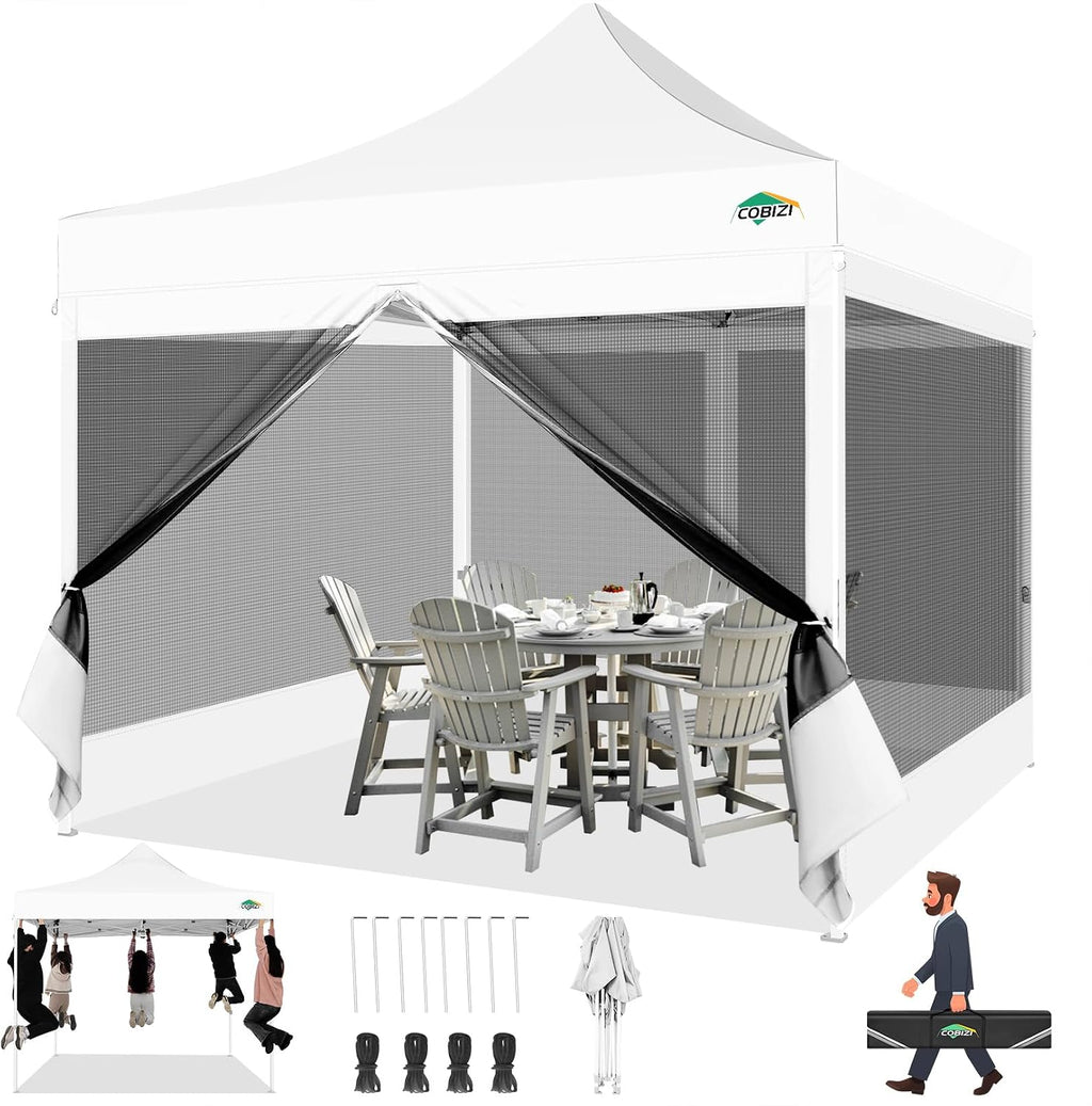 COBIZI 10x10 Pop up Gazebos with 4 Mosquito Netting Sidewalls,Heavy Duty Pop up Canopy Tent for Party,Outdoor Camping,Lawn and Backyard,Easy Set up Screen Tents with Handbag,White
