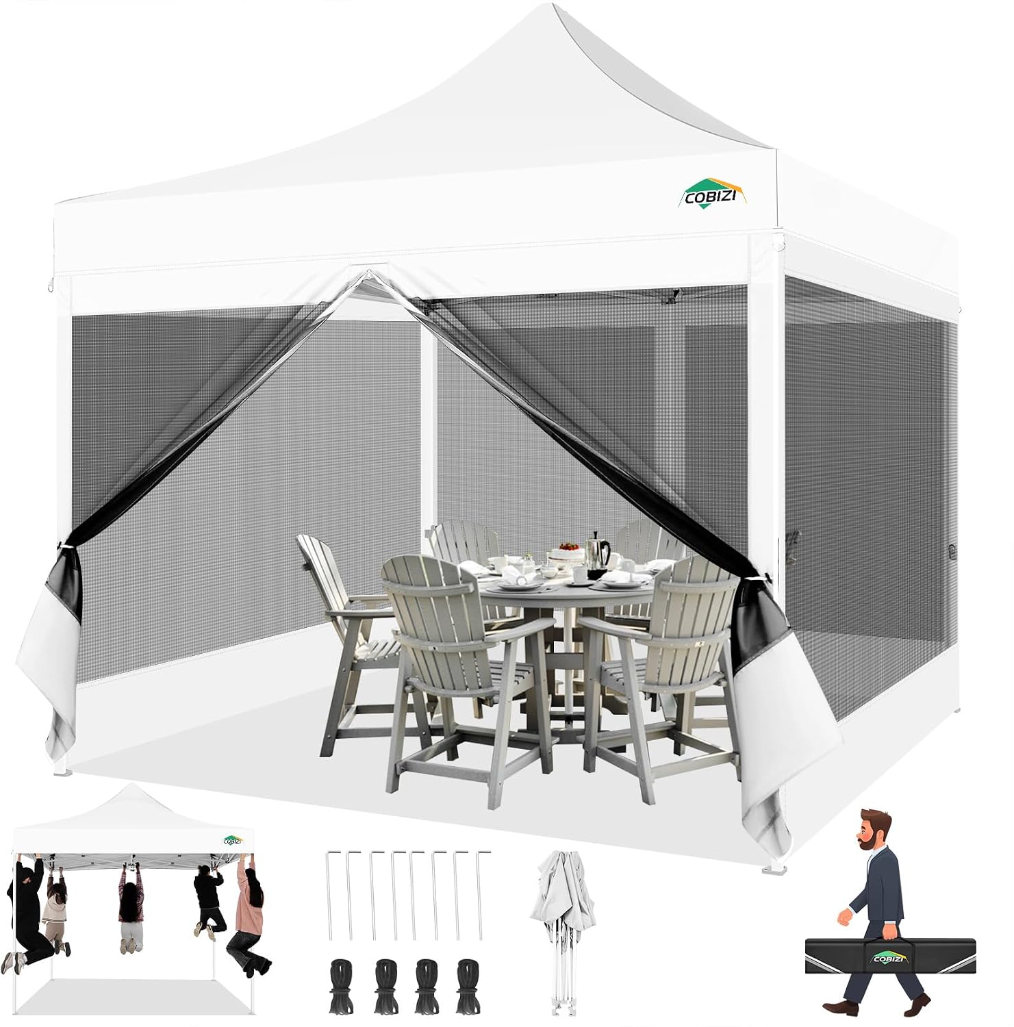 COBIZI 10x10 Pop up Gazebos with 4 Mosquito Netting Sidewalls,Heavy Duty Pop up Canopy Tent for Party,Outdoor Camping,Lawn and Backyard,Easy Set up Screen Tents with Handbag,White