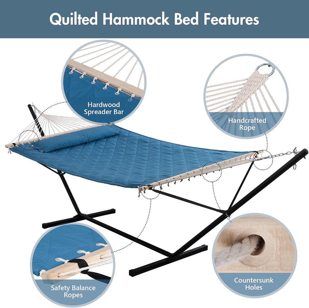 ANOW Double Hammock with 12 Feet Heavy Duty Steel Stand Combo, 2 Person Quilted Hammock with Stand for Outside, 450 LBS Weight Capacity, Blue
