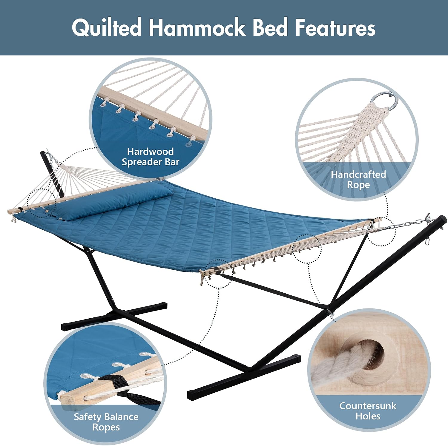 ANOW Double Hammock with 12 Feet Heavy Duty Steel Stand Combo, 2 Person Quilted Hammock with Stand for Outside, 450 LBS Weight Capacity, Blue