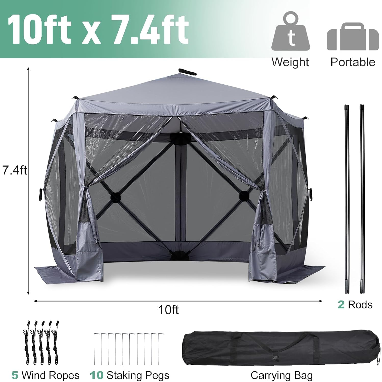 VINGLI 10x10 Pop Up Gazebo Tent, Portable Easy Up Screen Tent for Camping with Mosquito Netting, Camping Canopy Shelter with Carry Bag, Ground Stakes