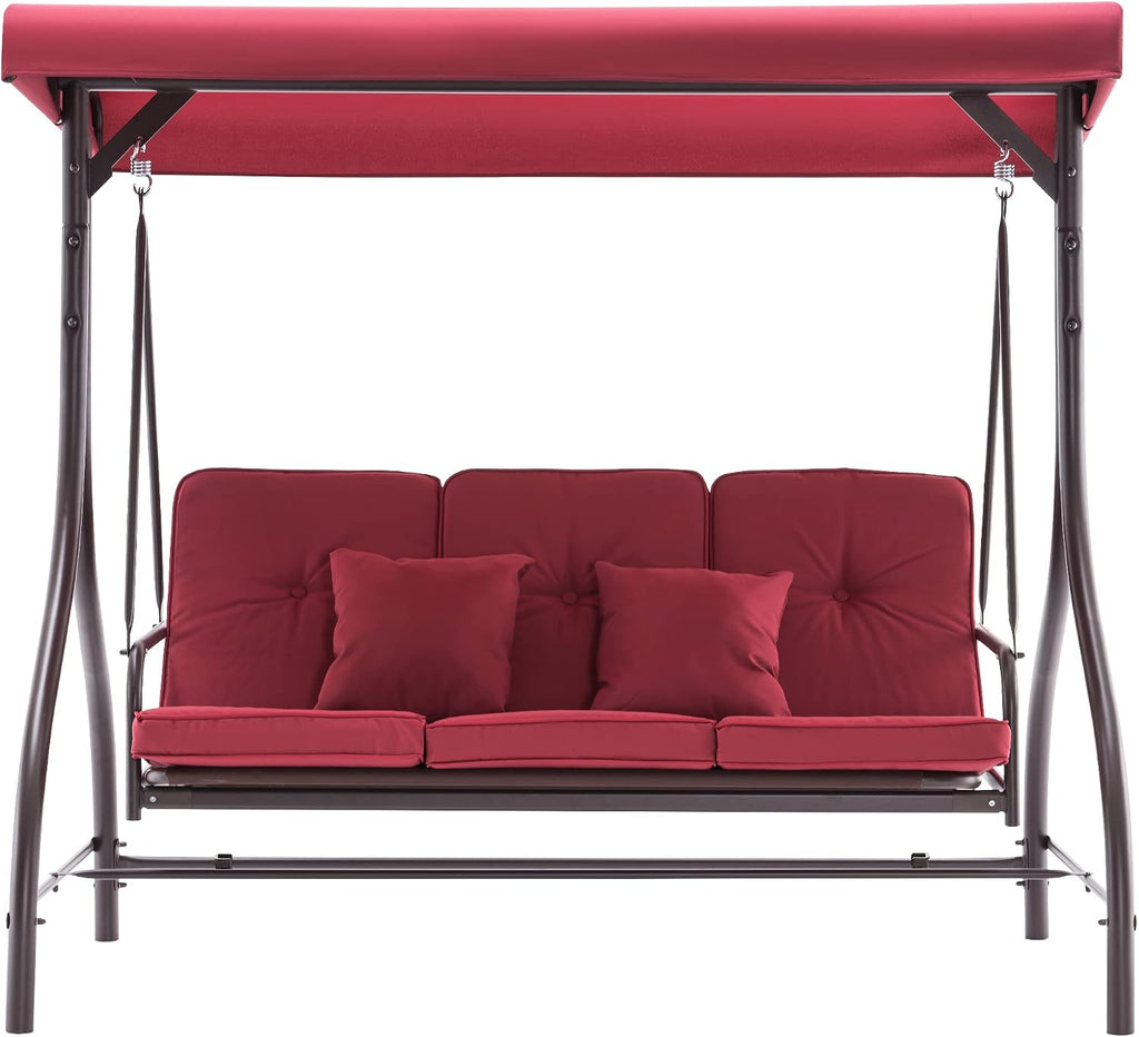 MCombo 3-Seat Outdoor Patio Swing Chair, 2-in-1 Convertible Porch Swing Glider Chair with Removable Cushions, Adjustable Canopy & Pillows for Backyard, Deck, Garden, 4068 (Burgundy)