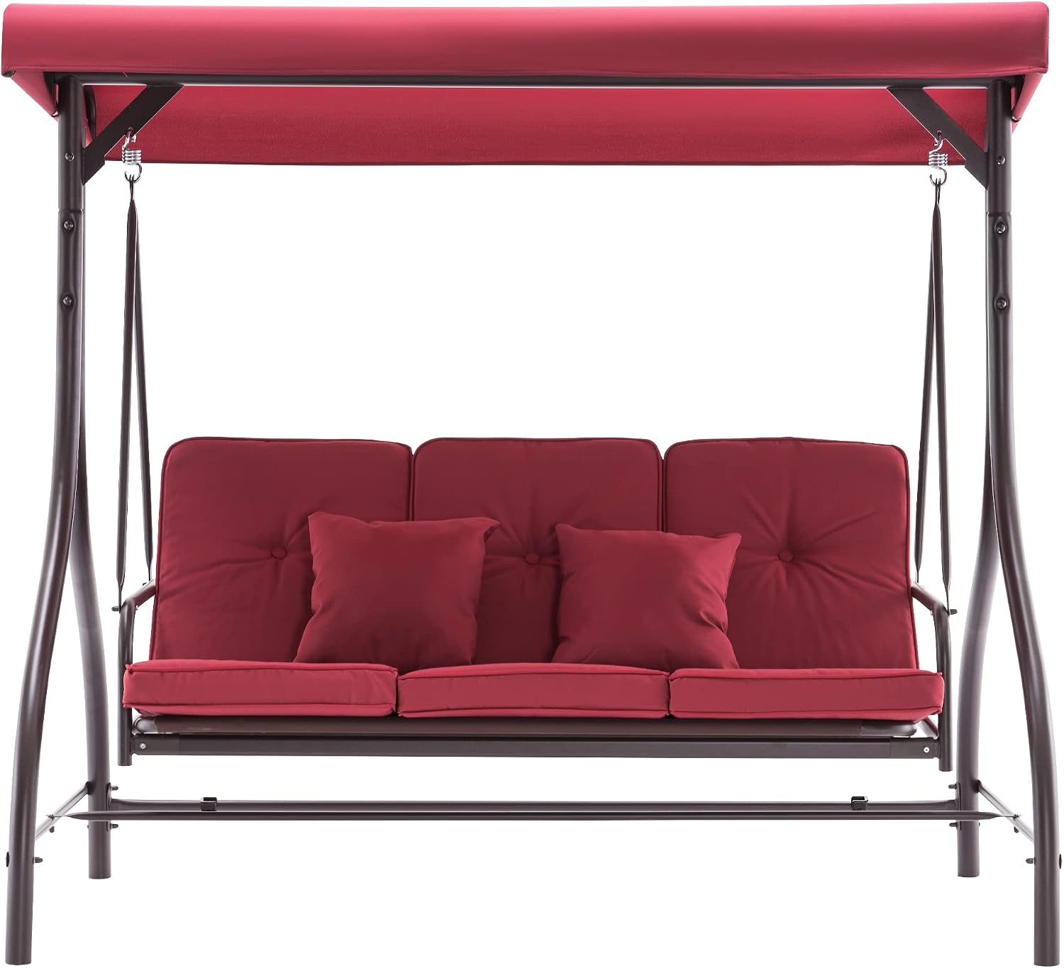 MCombo 3-Seat Outdoor Patio Swing Chair, 2-in-1 Convertible Porch Swing Glider Chair with Removable Cushions, Adjustable Canopy & Pillows for Backyard, Deck, Garden, 4068 (Burgundy)
