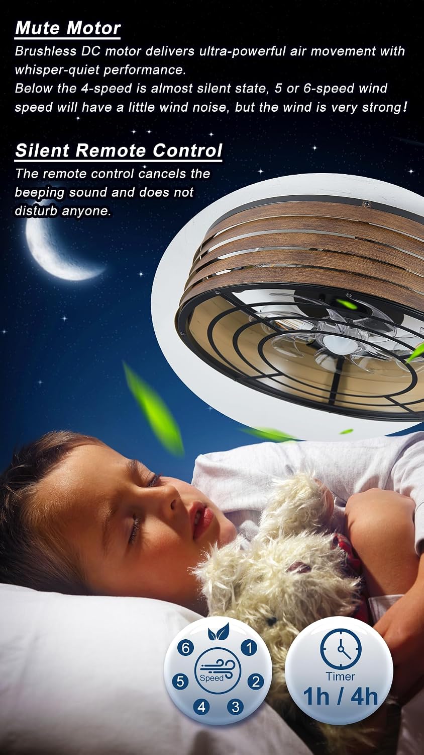 20'' Flush-Mount Ceiling Fan with Dimmable Light and Memory Remote Control, Reversible Motor, Perfect for Bedroom, Kitchen, Outdoor Gazebo, Patio, Low-Profile Woodern Walnut Design Cage