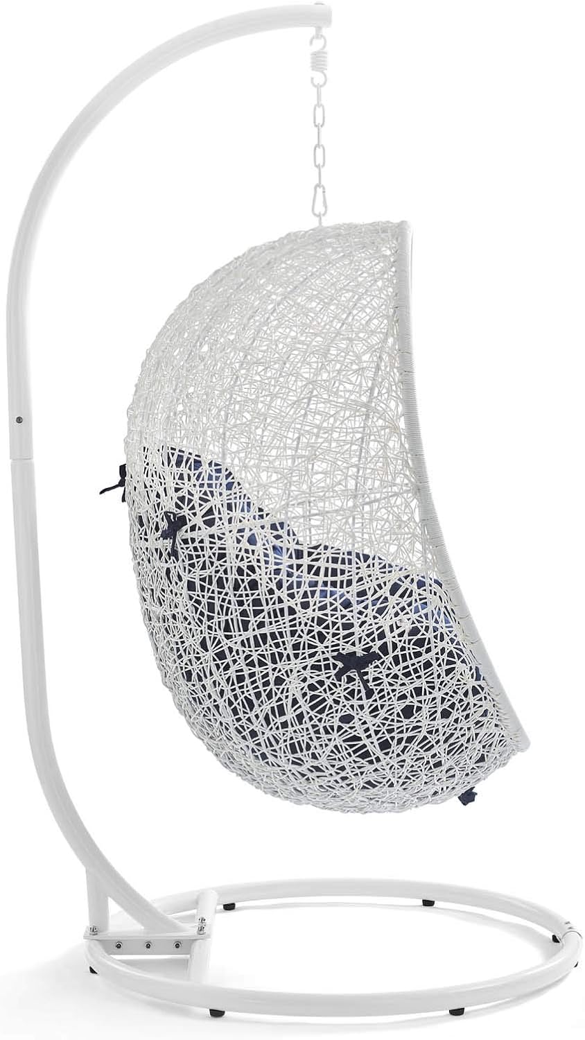 Modway Hide Wicker Rattan Outdoor Patio Porch Lounge Egg Swing Chair Set with Stand in White Navy