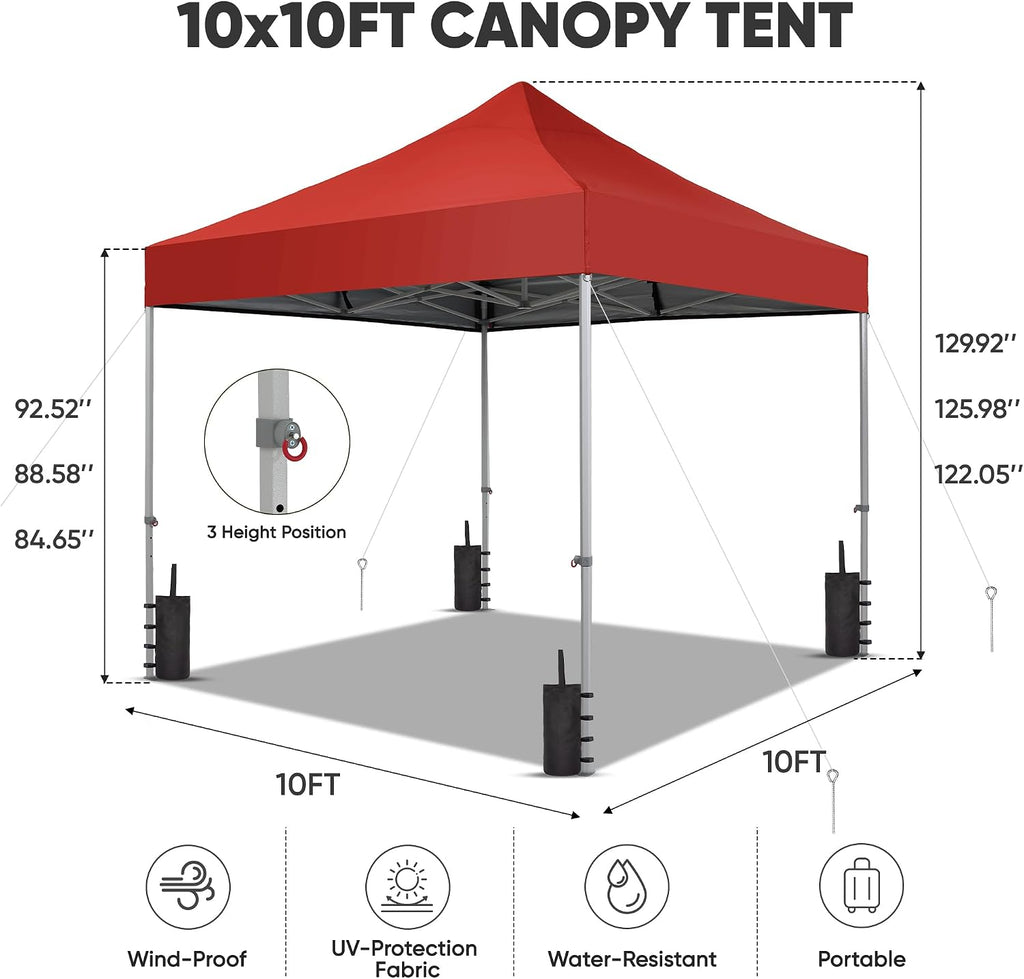 GDY 10x10 Ft Steeple Outdoor Pop Up Canopy Tent, Commercial Portable Instant Folding Gazebos, Hexagonal Tube Patio Canopies with Wheel Bag, Red.