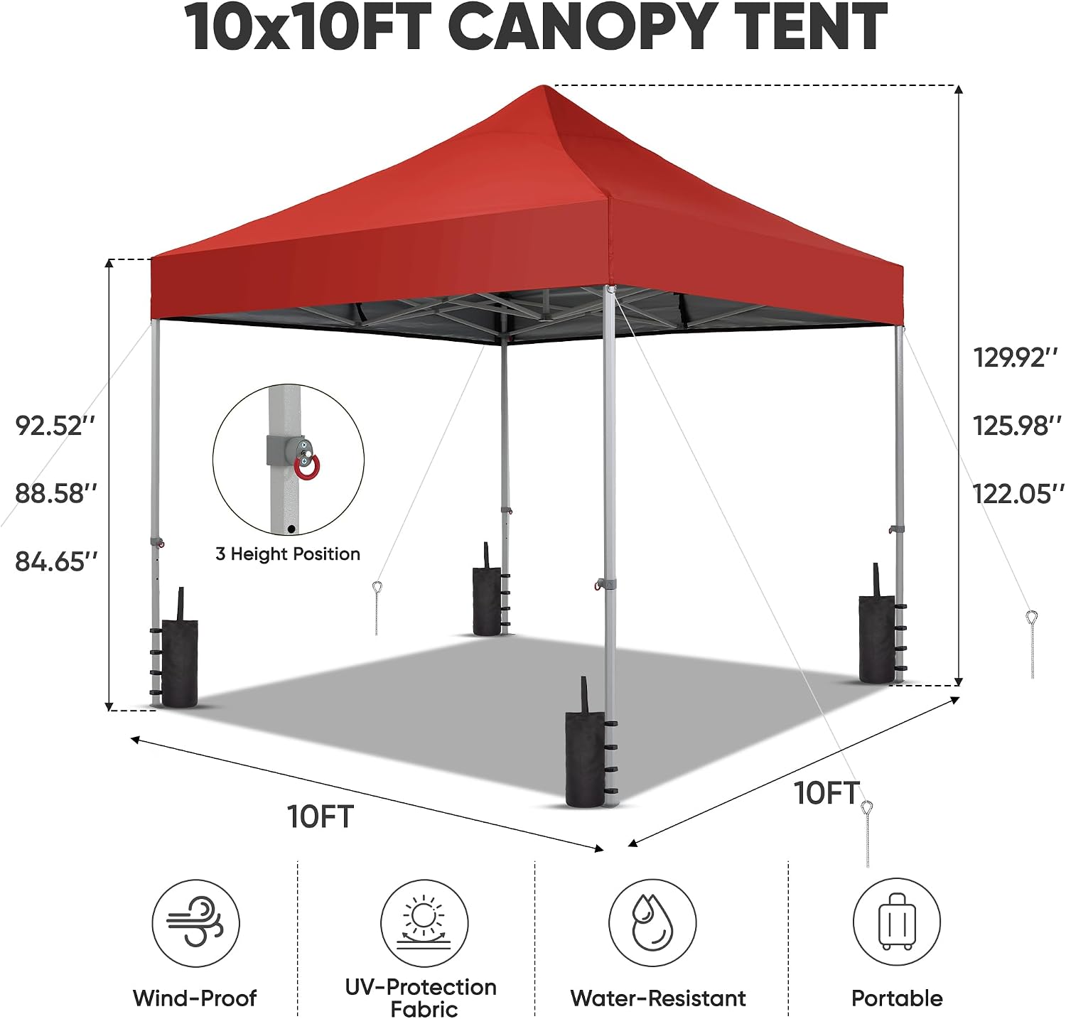 GDY 10x10 Ft Steeple Outdoor Pop Up Canopy Tent, Commercial Portable Instant Folding Gazebos, Hexagonal Tube Patio Canopies with Wheel Bag, Red.