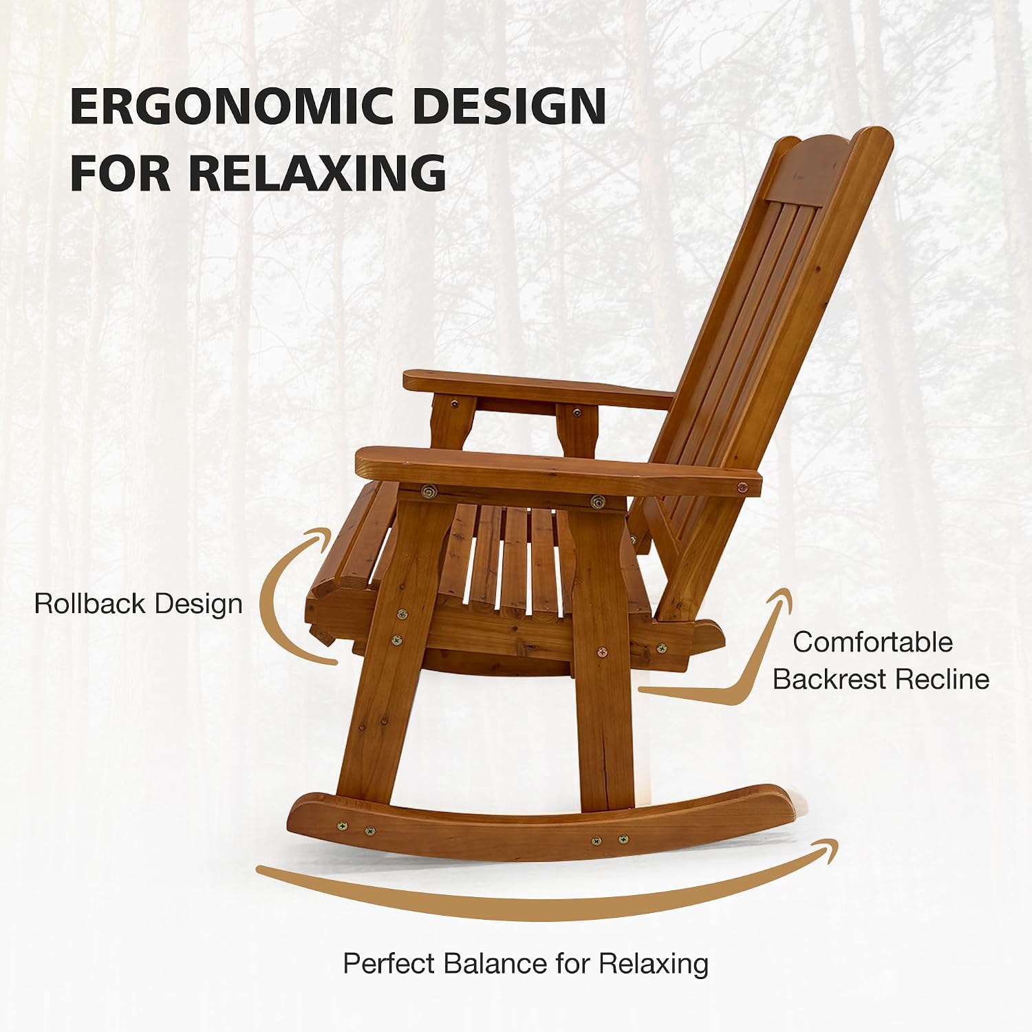 Wooden Patio Rocking Chair with Comfortable Backrest Inclination, High Backrest and Deep Contoured Seat, Solid Fir Wood, Heavy Duty 600 LBS, for Both Outdoor and Indoor (Natural)