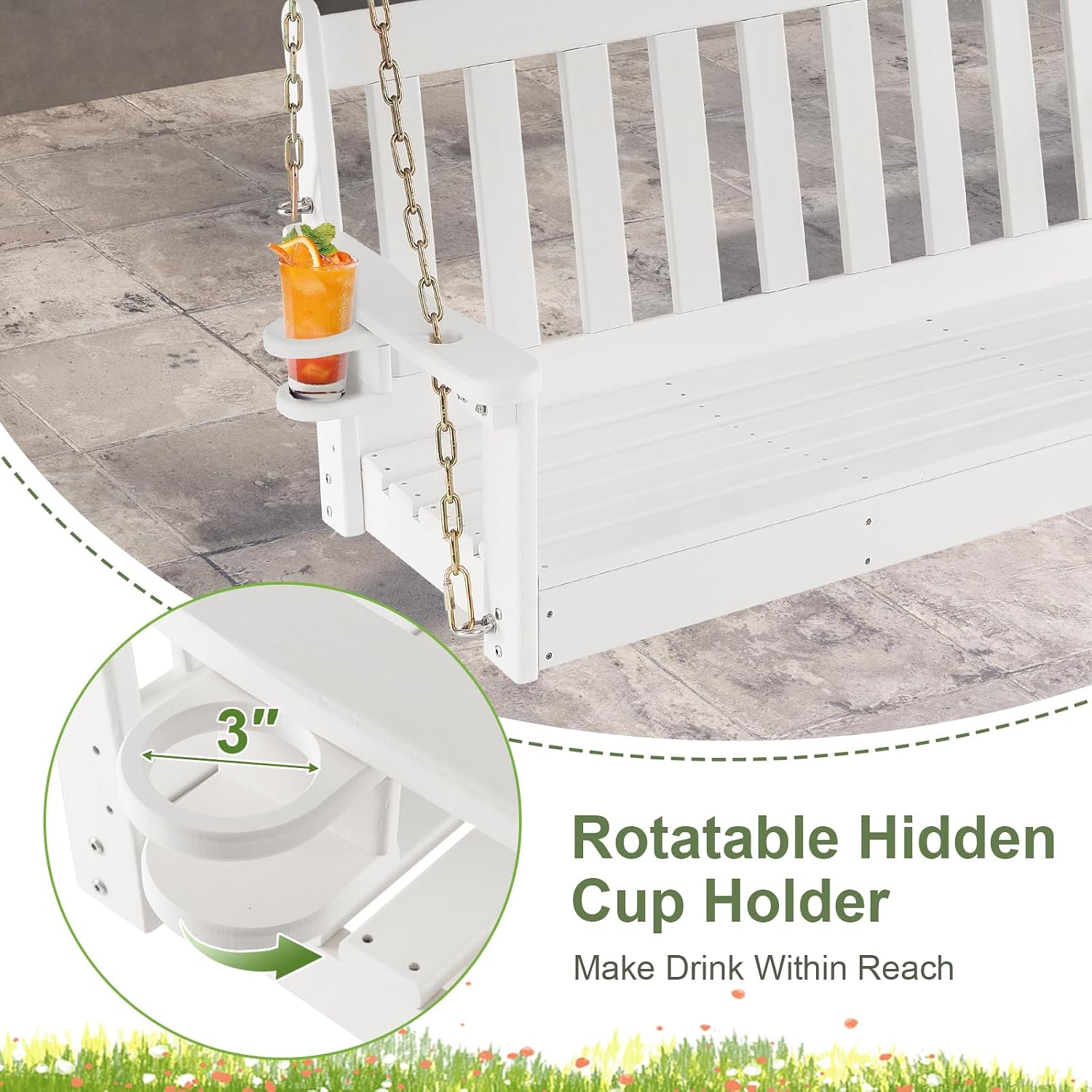 Tangkula 2 Person Hanging Porch Swing, Outdoor Bench Swing with Adjustable Chains, Hidden Cup Holder, HDPE Tree Swing Chair for Patio Backyard Deck Garden, 54 Inch