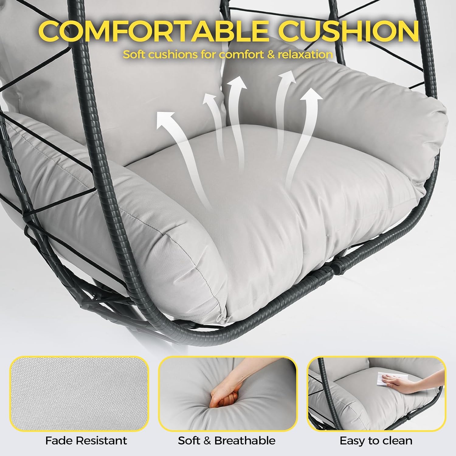 Egg Chair with Stand, Wicker Hanging Chair for Outdoor Patio, Cushioned Hammock Swing for Bedroom Garden Indoor/Outdoor, Double-Zipper Structure Hanging Egg Chair (Black Frame and Light Gray)